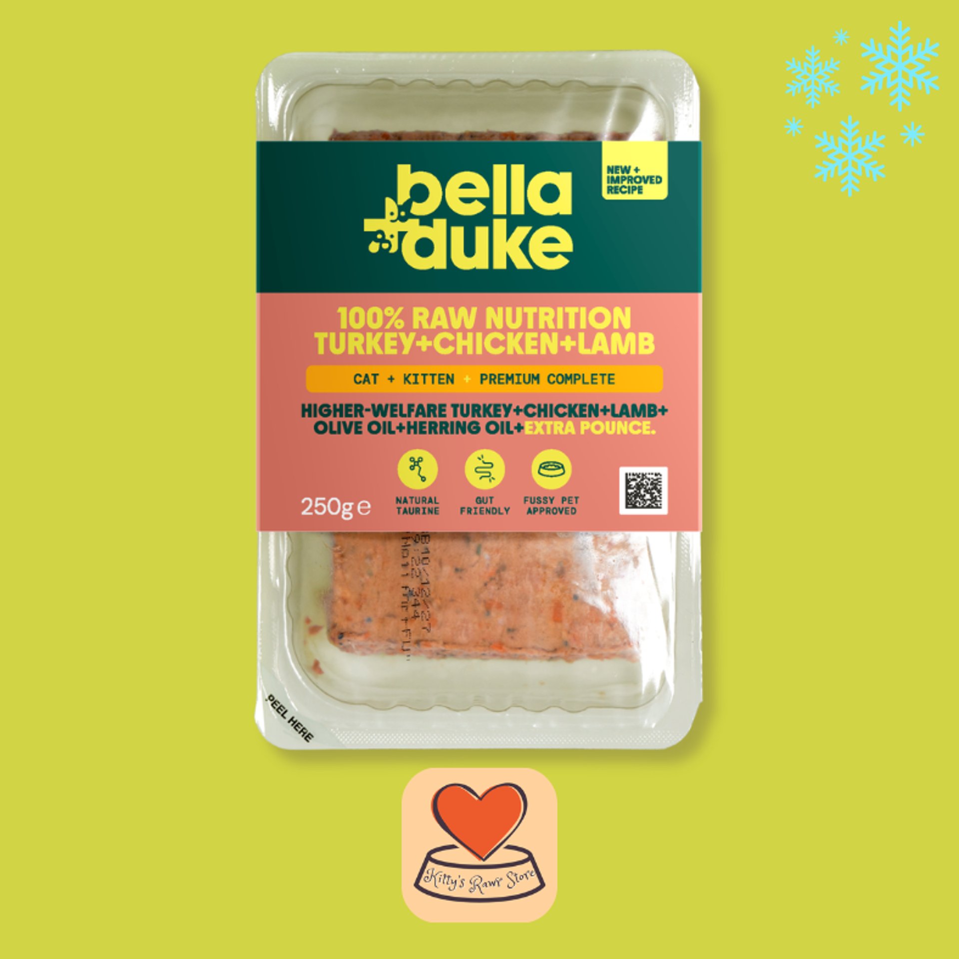 Turkey + Chicken Cat complete raw food from Bella + Duke available at Kitty's Rawr Store