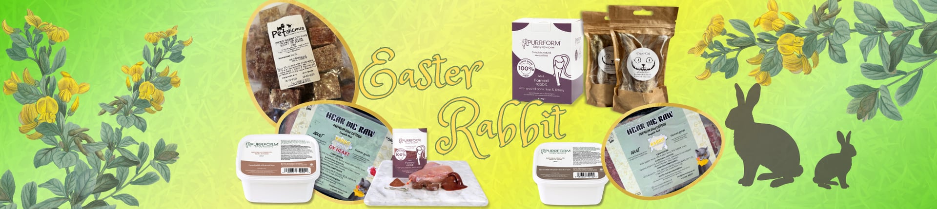 Banner depicting rabbit based products suitable for cats at Kitty's Rawr Store