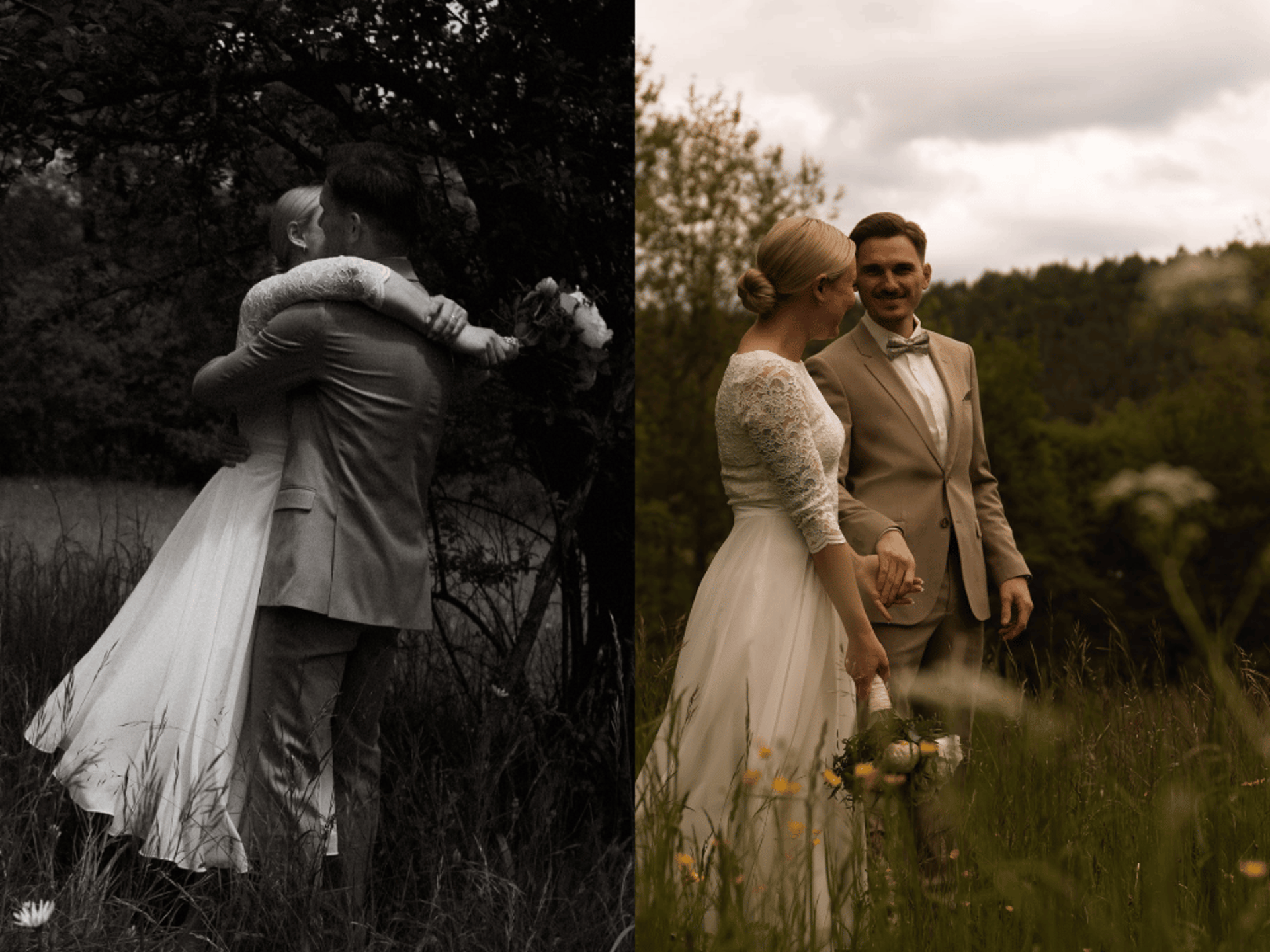 doumentarische Hochzeitsfotos Wien Hochzeitsfotograf in Wien Ehepaar im Feld in Blumen authentisch ungestellte Fotos natürlic