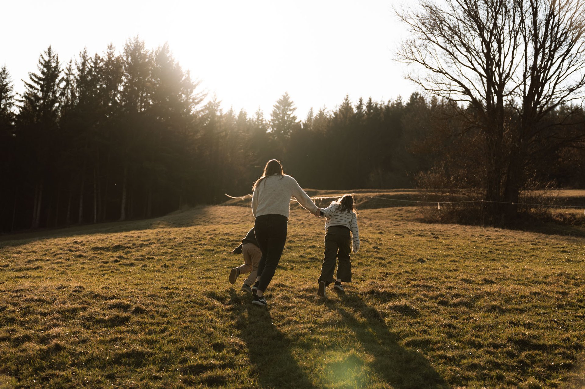 Familienfotos draußen Sonnenunterganz am Feld beim laufen Sophie Sara Fotografie Fotograf in Wr. Neustadt