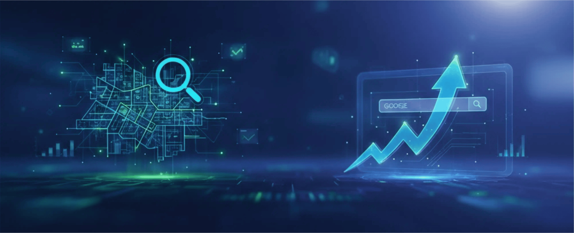 Crescimento da busca no Google com mapa de otimização de SEO local e lupa de marketing digital para aumentar a visibilidade