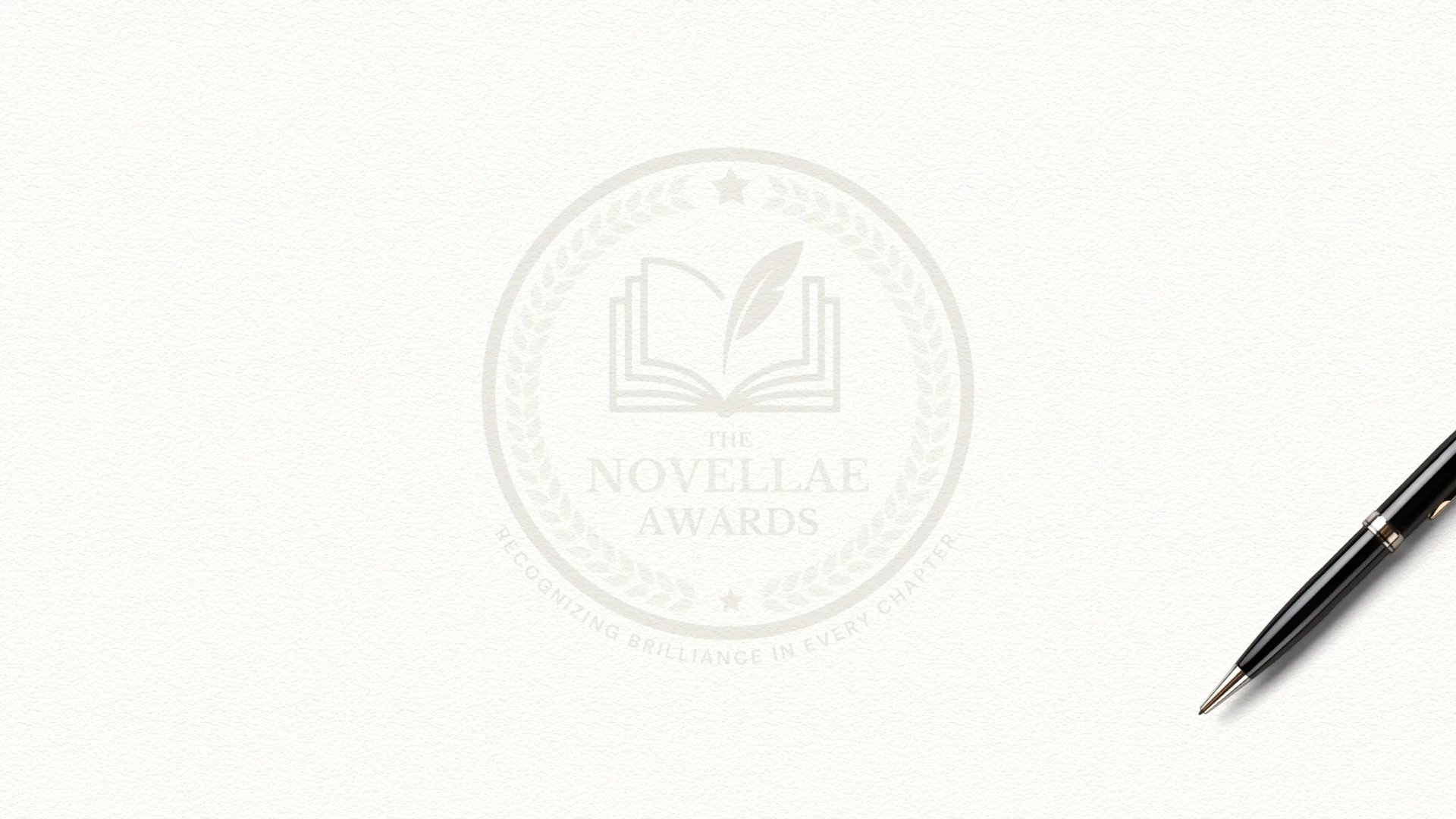 A textured cream background featuring the Novellae Awards logo and a sleek black pen, symbolizing literary excellence.