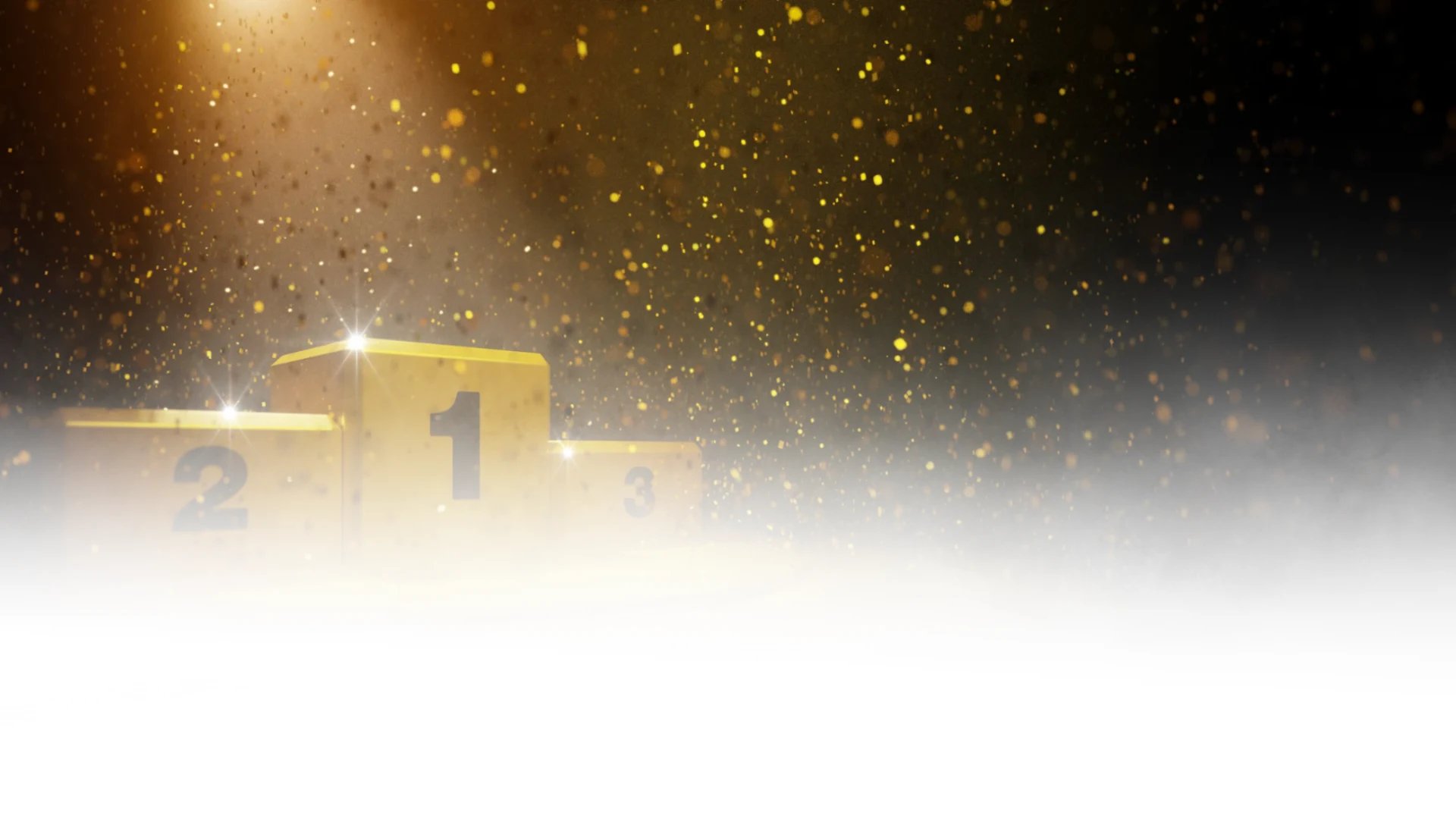 A golden winner's podium displays numbers 1, 2, and 3, illuminated by bright lights and surrounded by sparkling confetti.