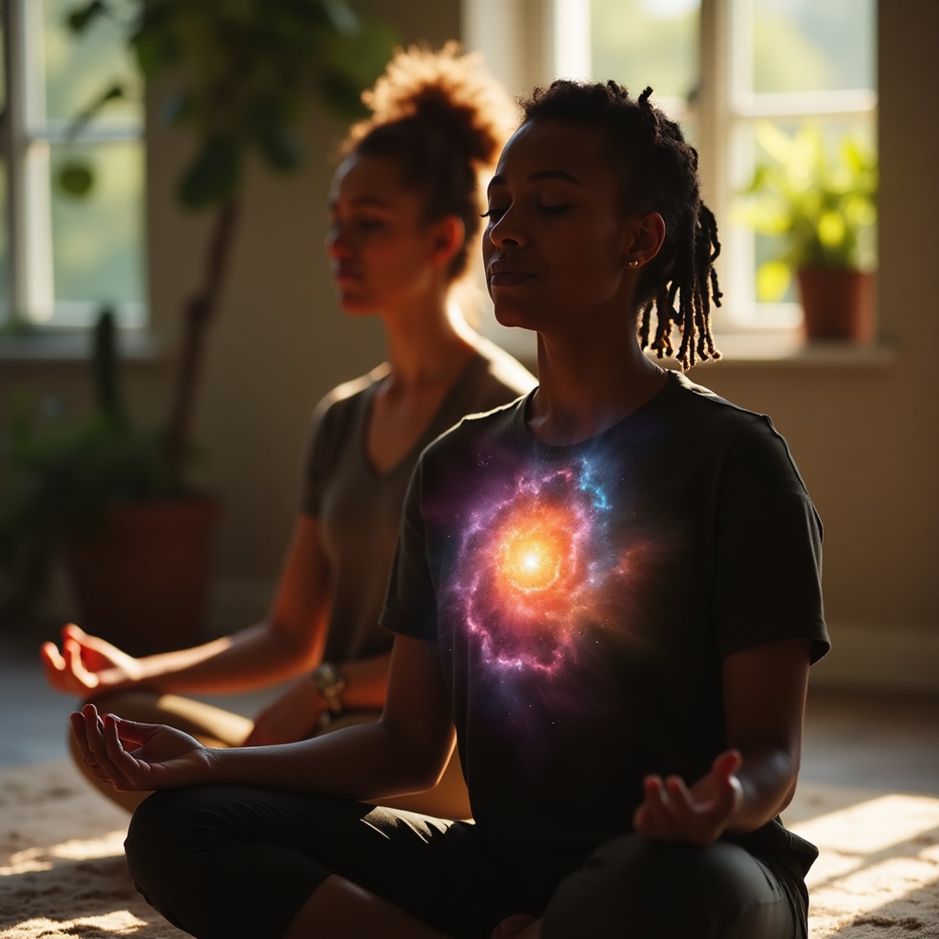 practitioner meditating with student with galaxy in chest grow my soul