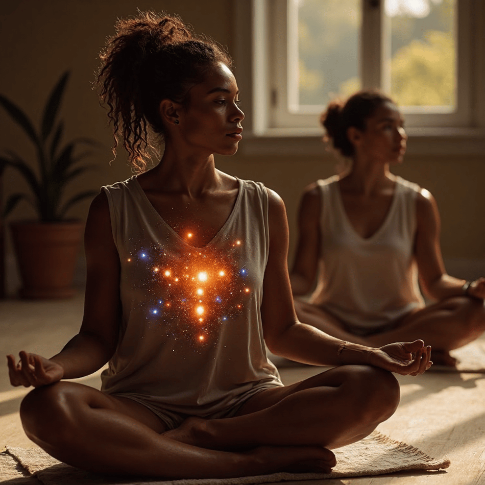 practitioner meditating with student with galaxy in chest grow my soul