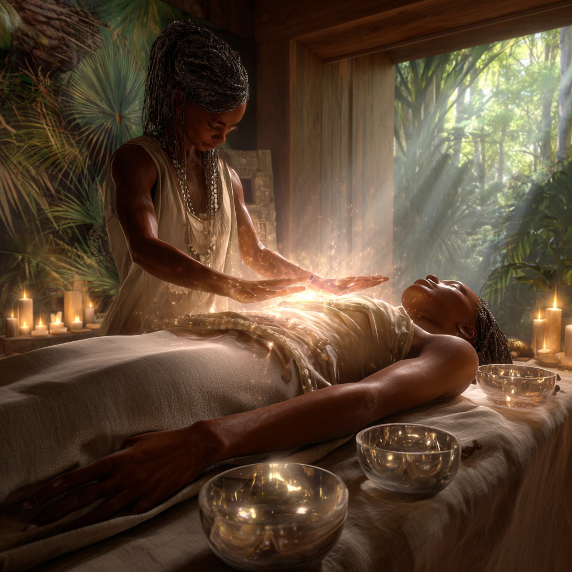 Practitioner performing energy work (Reiki) on client on table with glowing hands and singing bowls grow my soul