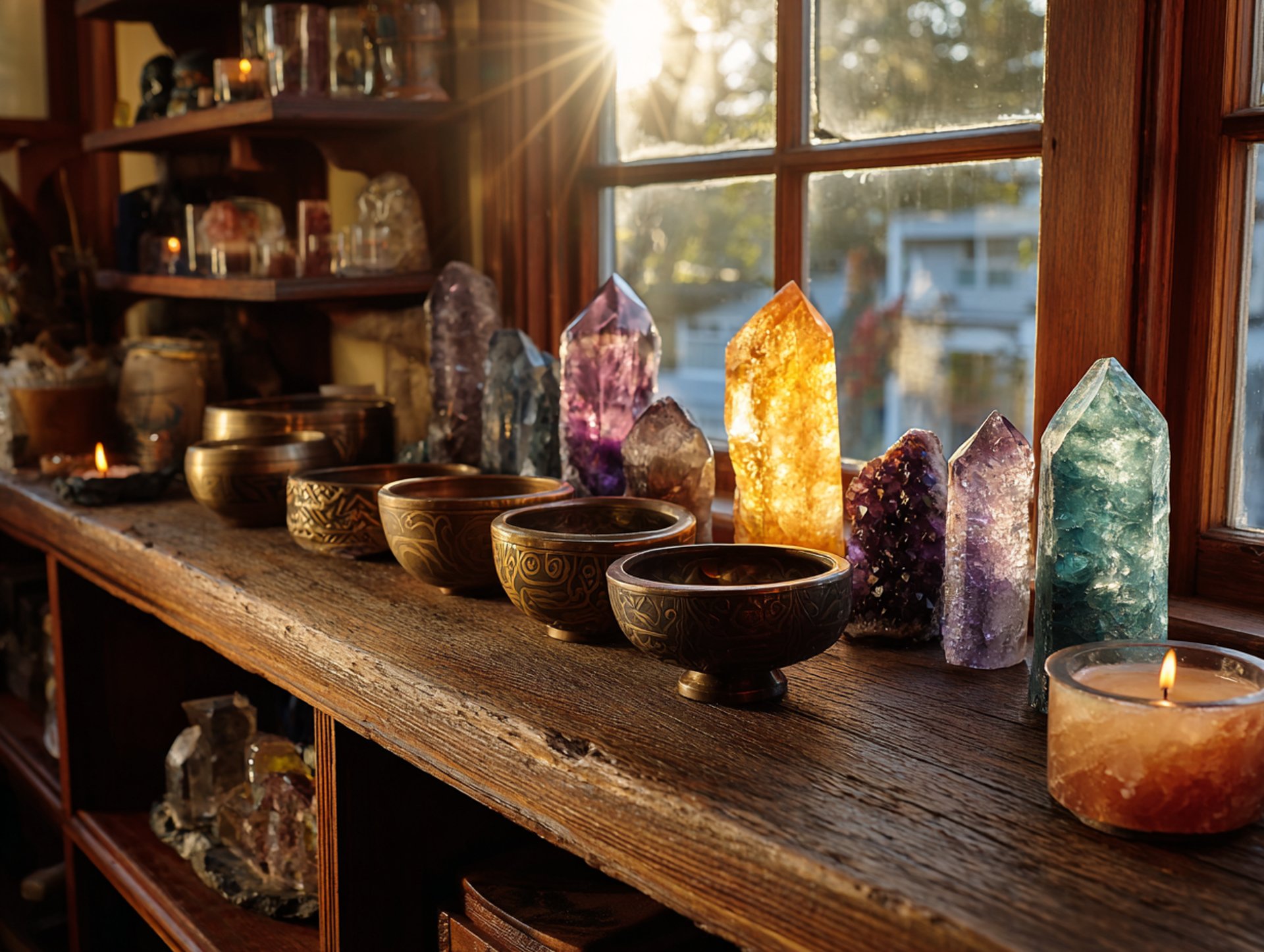 singing bowls with crrystals and candles on shelf with sunshine in window Grow My Soul
