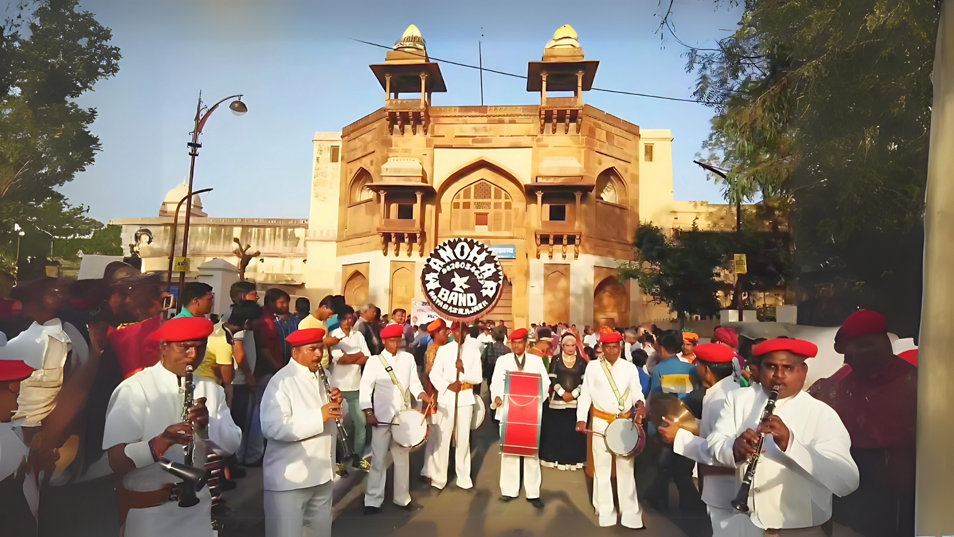 Manohar Brass Band, the best band in Ajmer, Rajasthan, performing at a wedding event with traditional instruments.