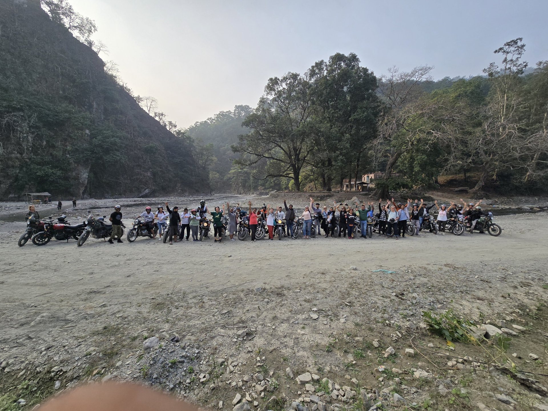 Rider on a sport motorcycle on a foggy road.