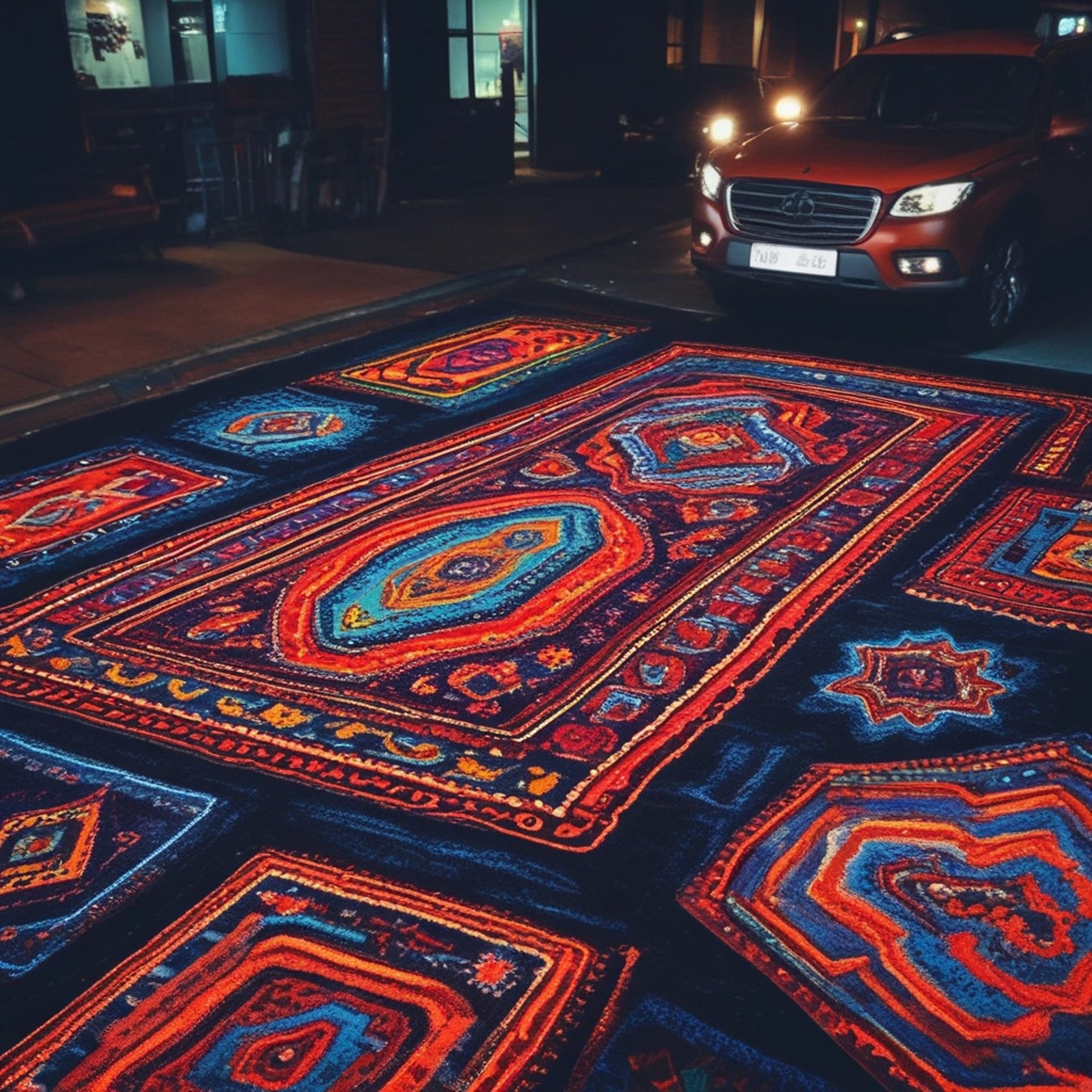 person in blue denim jeans standing on brown and black welcome area rug