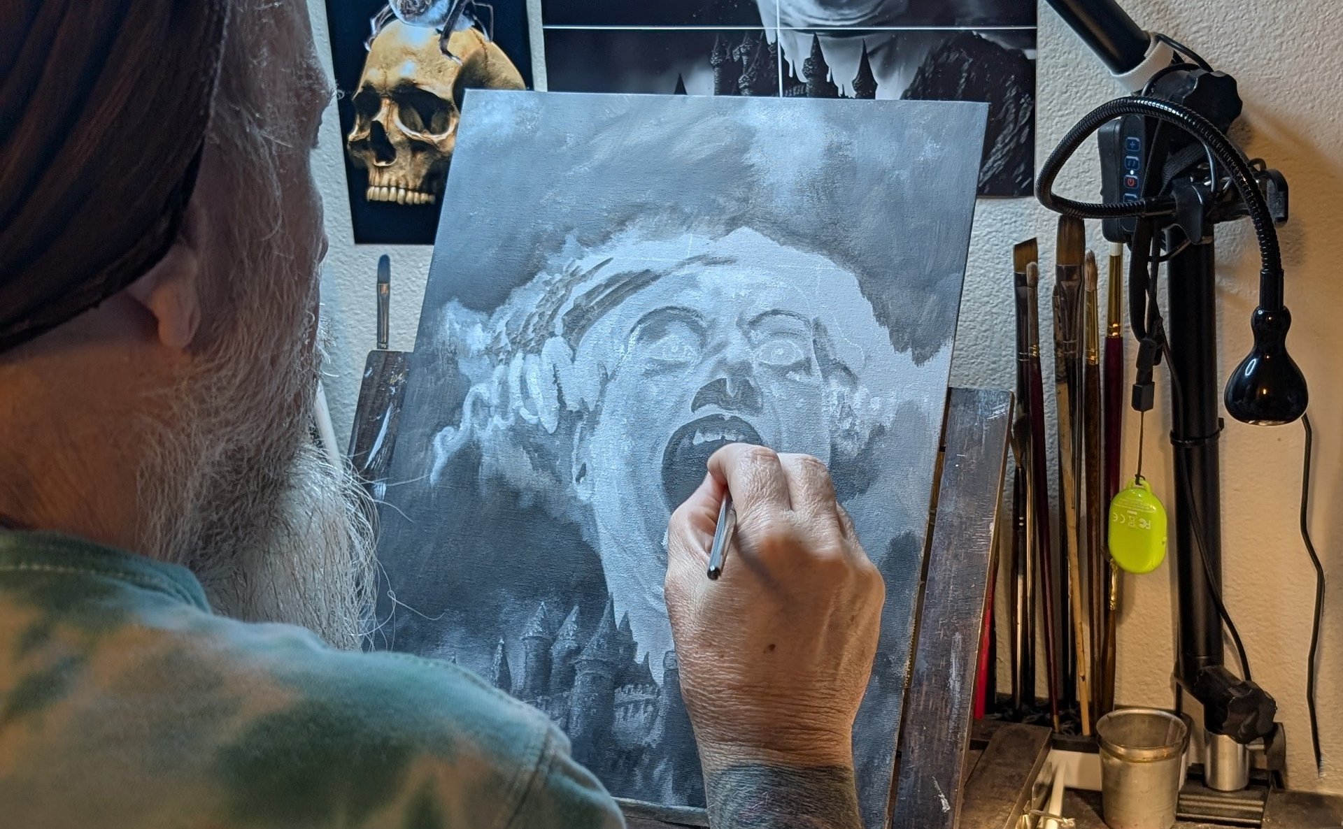 RH McClurg In Progress Painting of Newest Oil Painting Bat on Skull