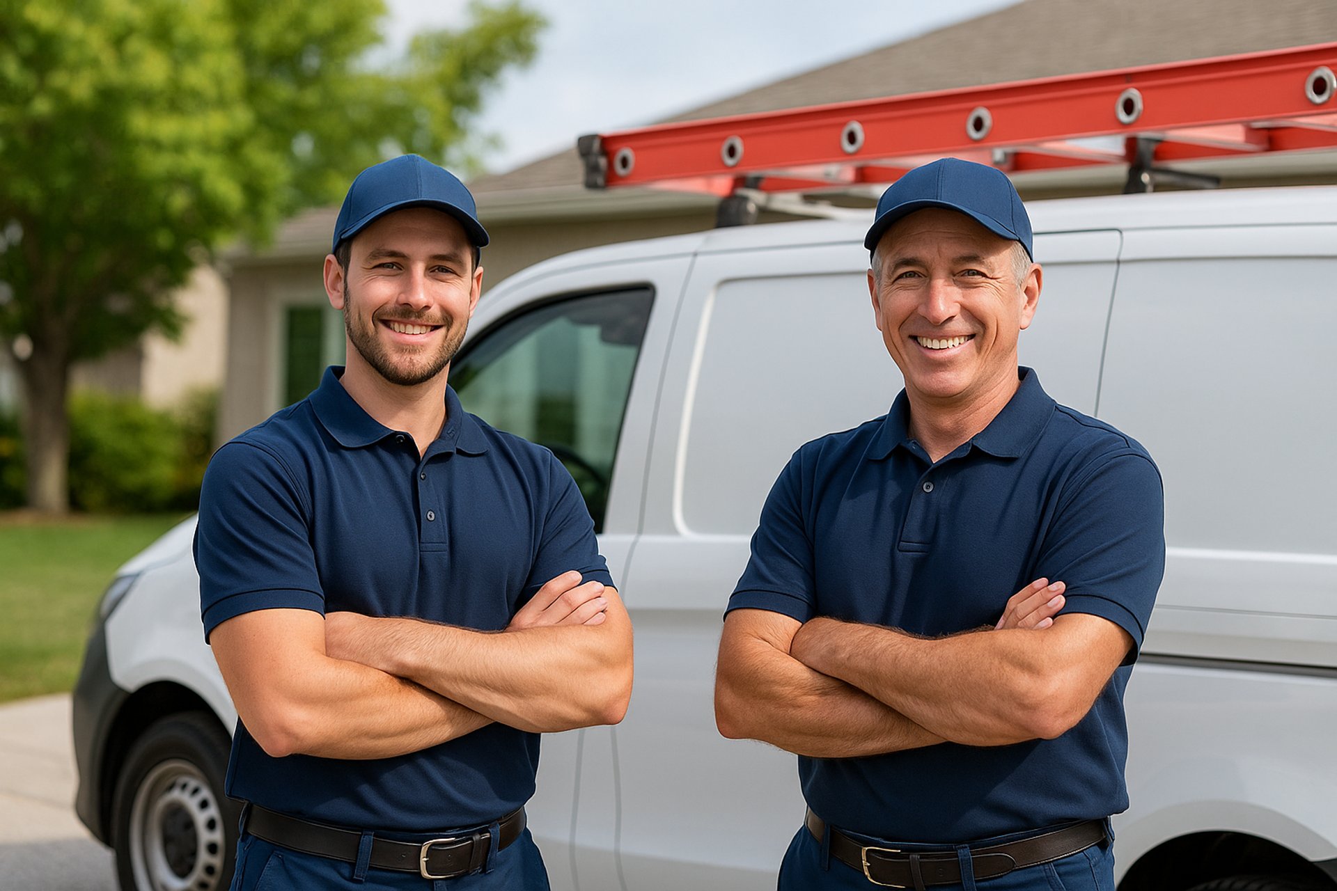 Two smiling plumbers in blue uniforms stand confidently beside a white service van.