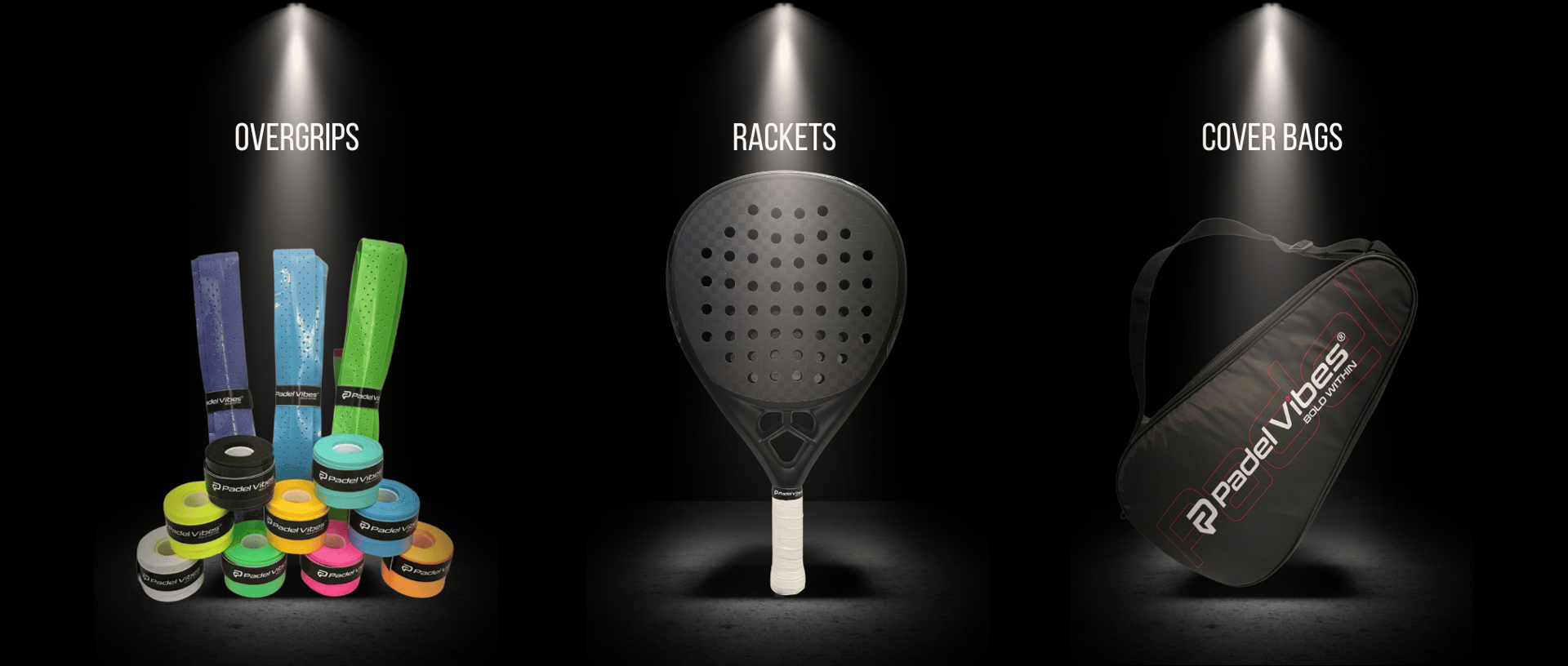 Custom Vibes by Padel Vibes showcasing co-branded padel overgrips, rackets, and cover bags under individual spotlights on a b