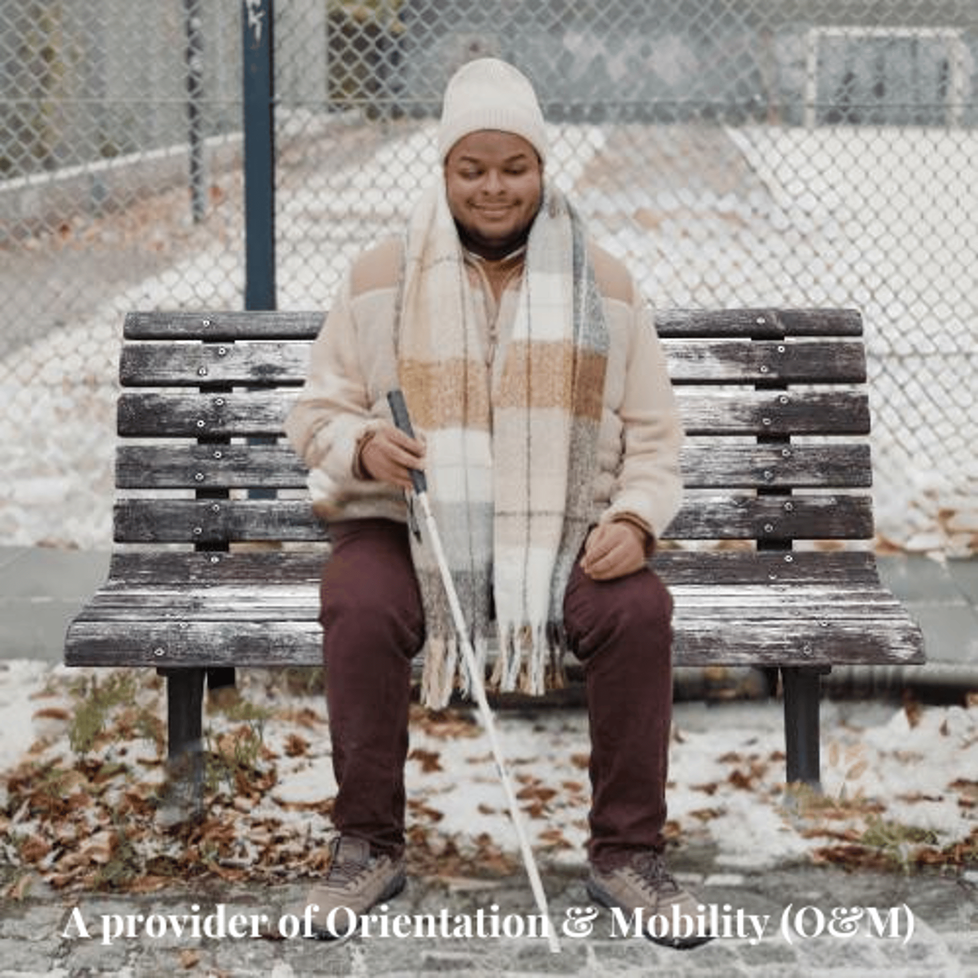blind man with cane waiting on the bus subway rail train