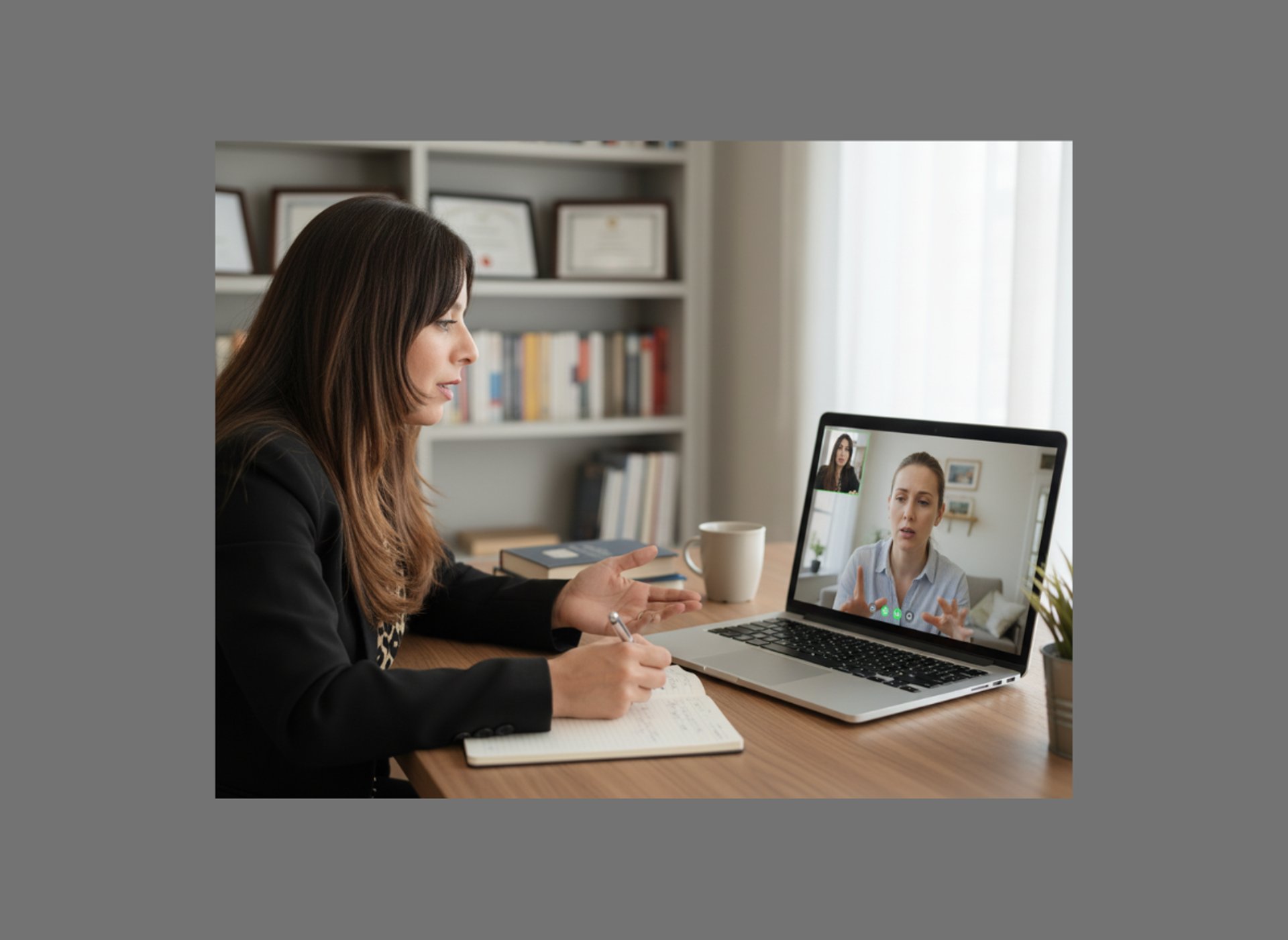 Doctor consulting patient via video call on laptop.