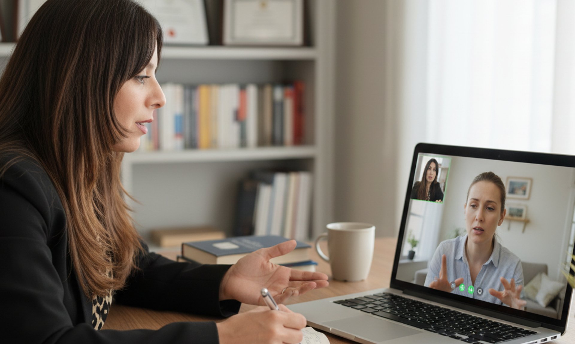 Doctor consulting patient via video call on laptop.