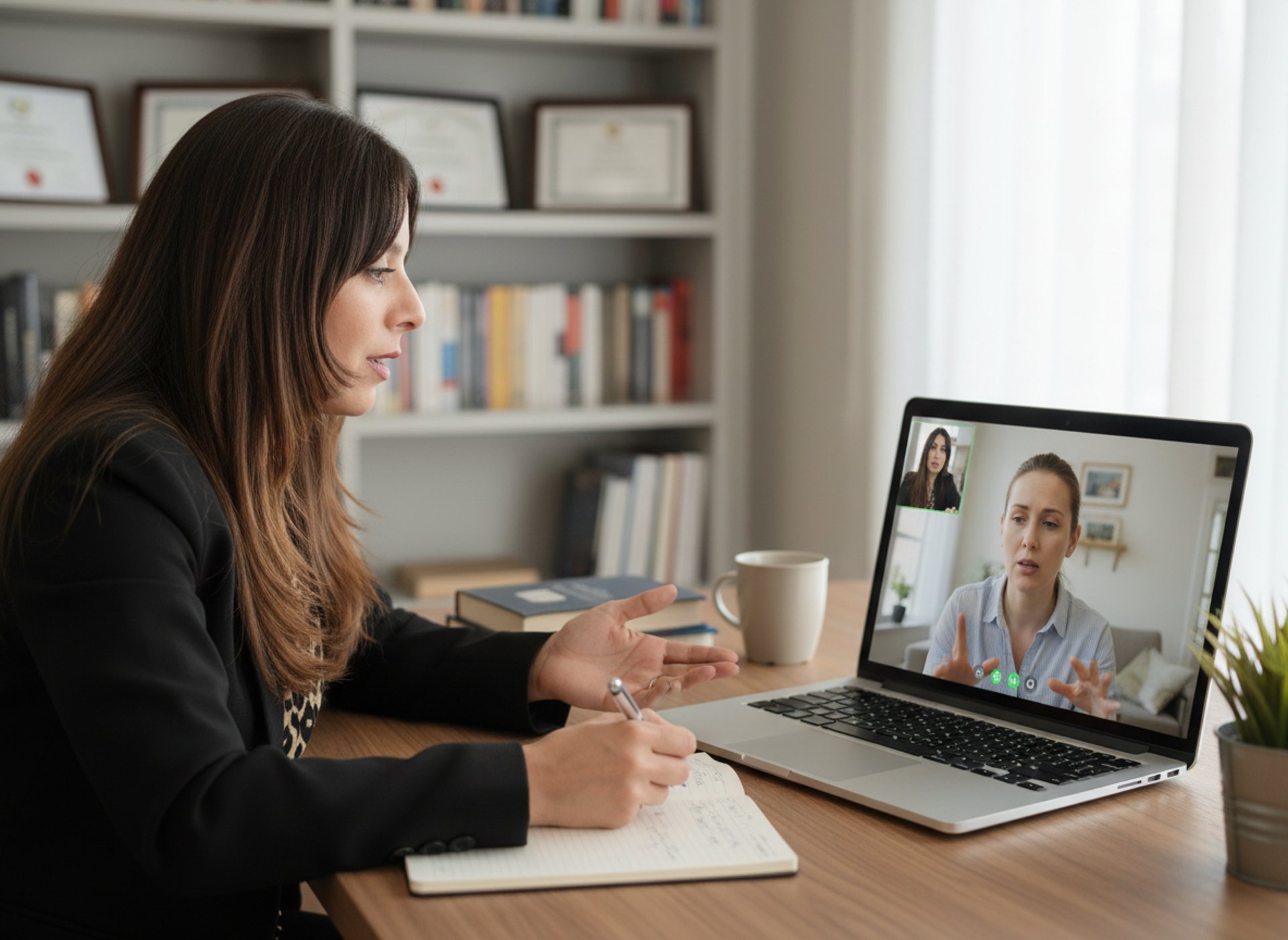 Doctor consulting patient via video call on laptop.