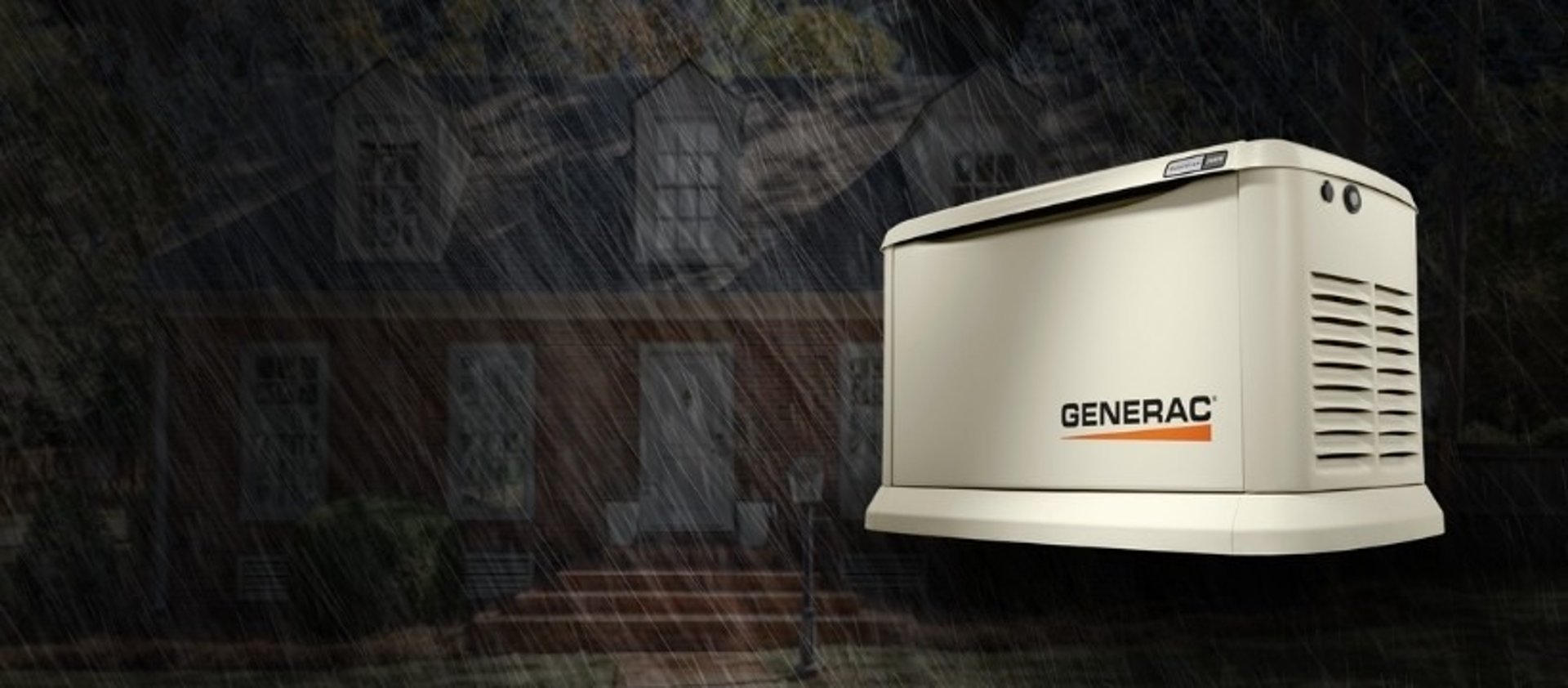 a brick home in a rain storm with a home standby generator 