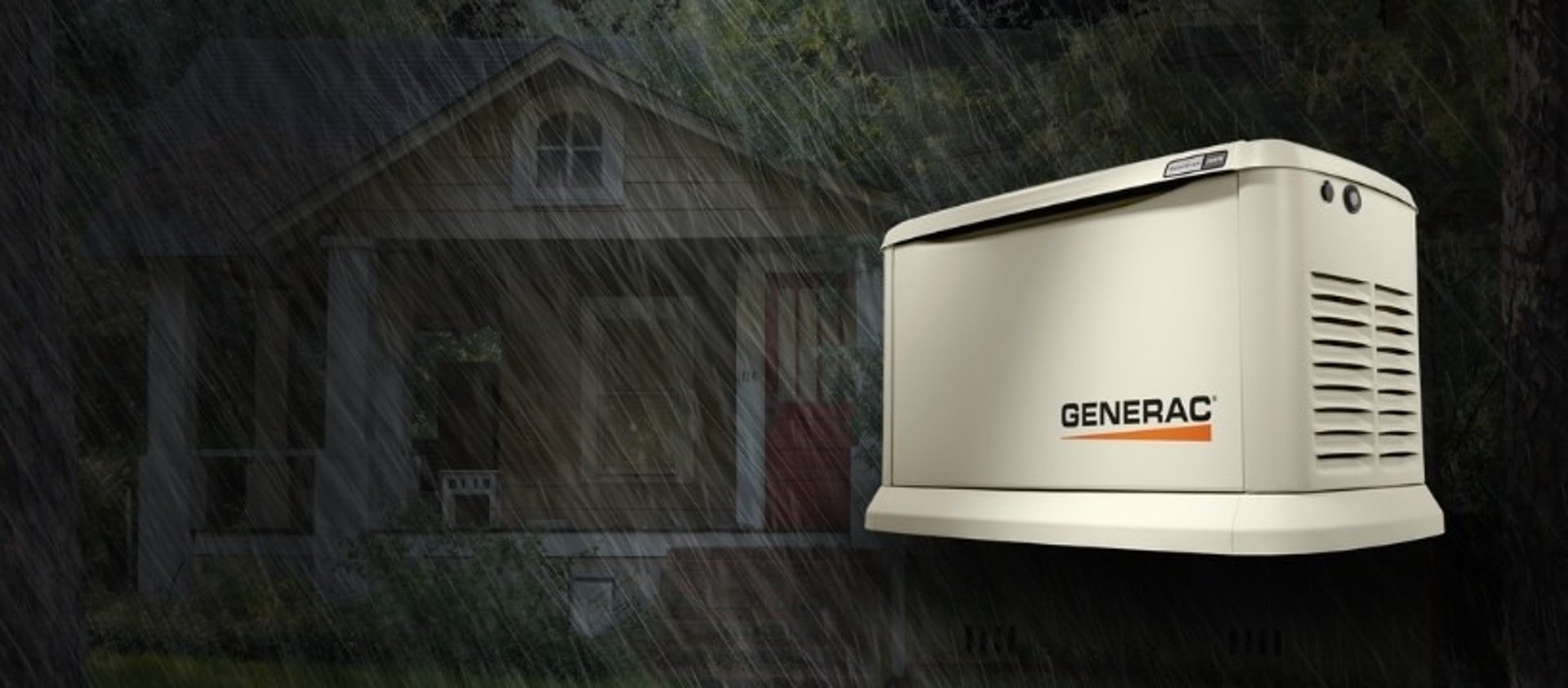 a house with a big porch in a rain storm with a generac generator