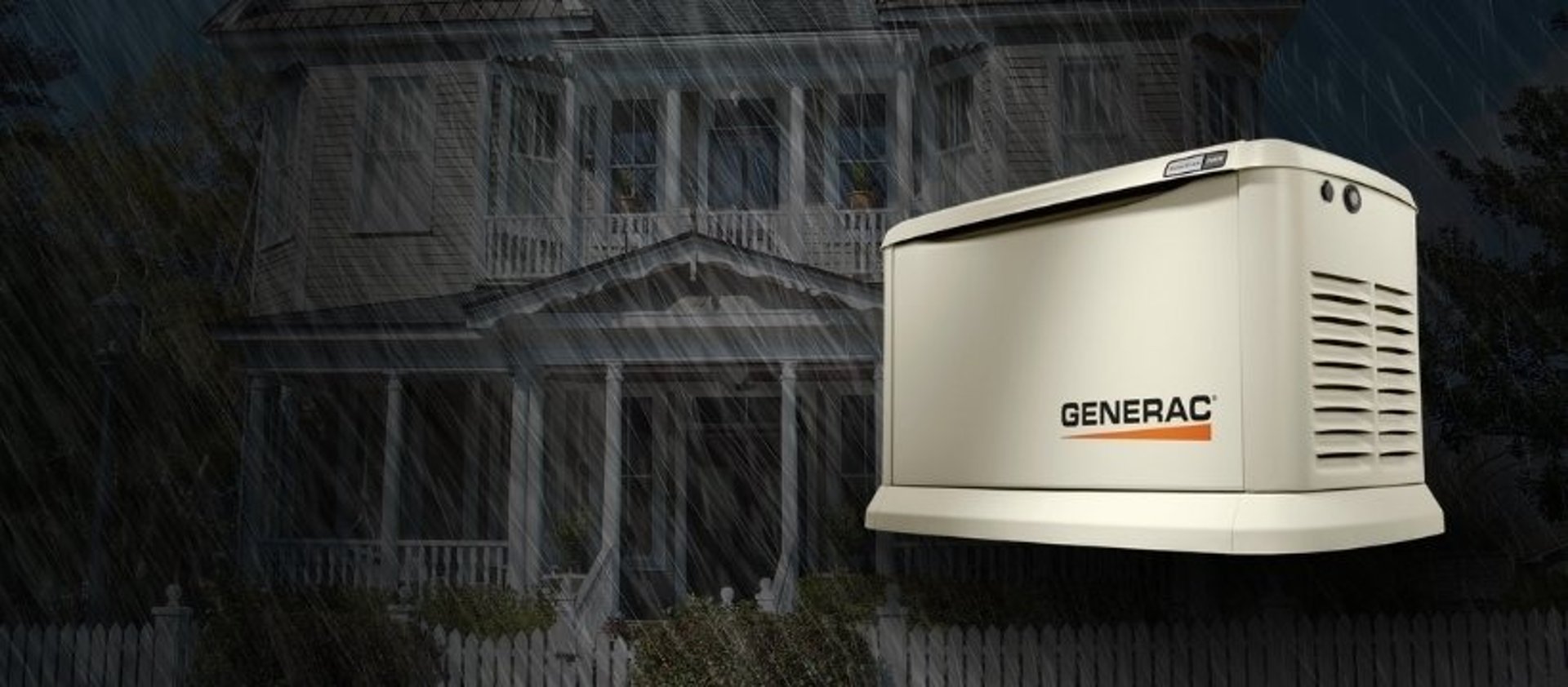 A two level house in a rain storm with a genera generator in front