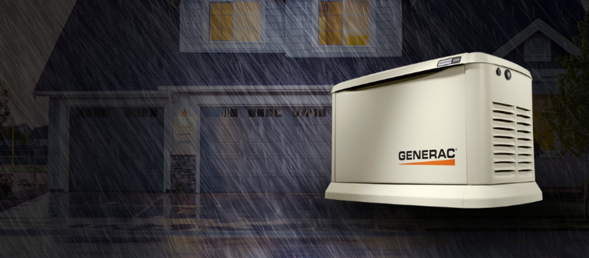 A Generac Home Standby generator in front of a house when raining