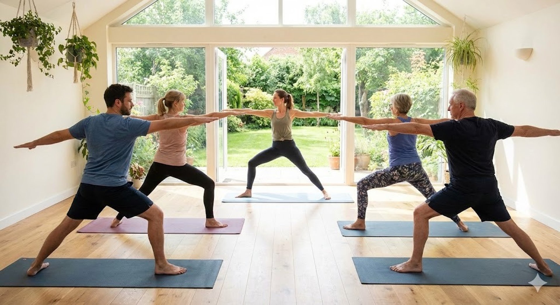 Two women practicing yoga in a park
