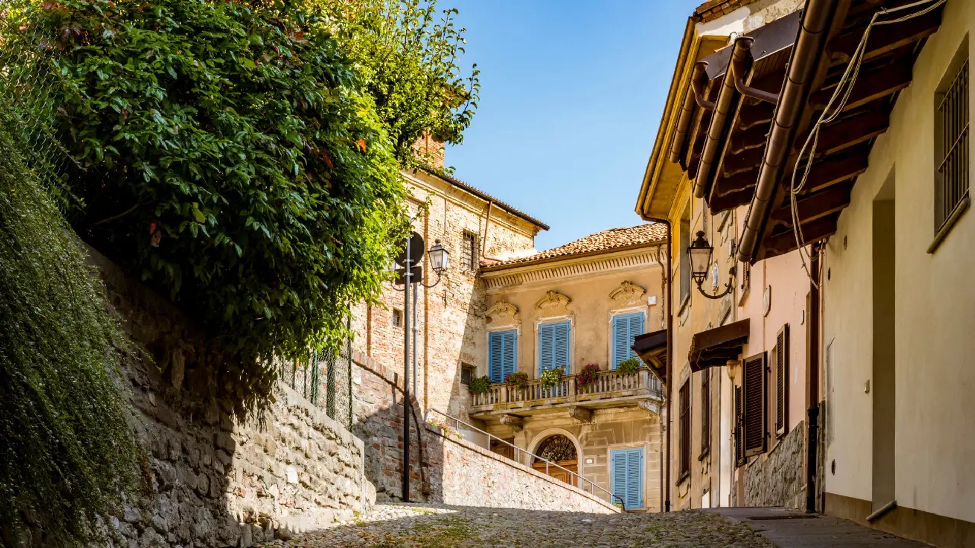 Historic center of La Morra Italy with cobbled streets and old houses