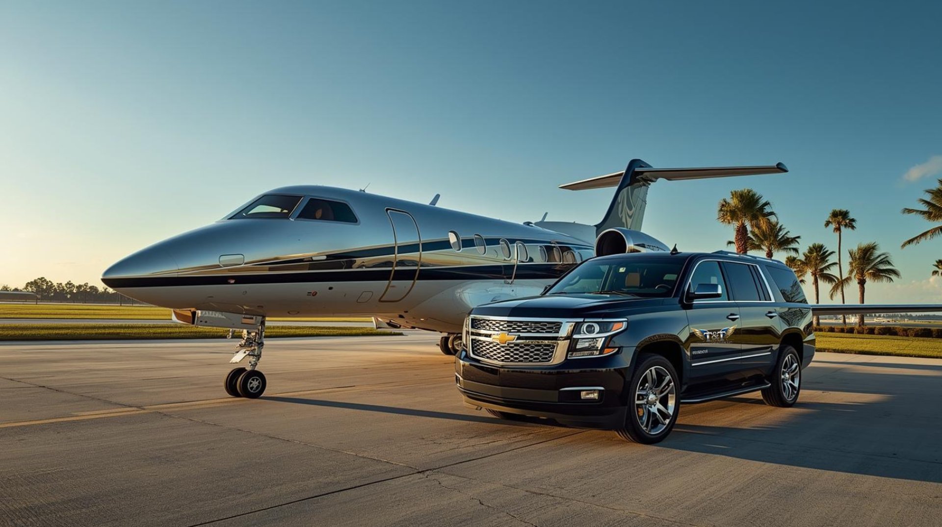 luxury jet and black chevy Suburban on tarmac airport Palm Beach setting palm trees ocean  