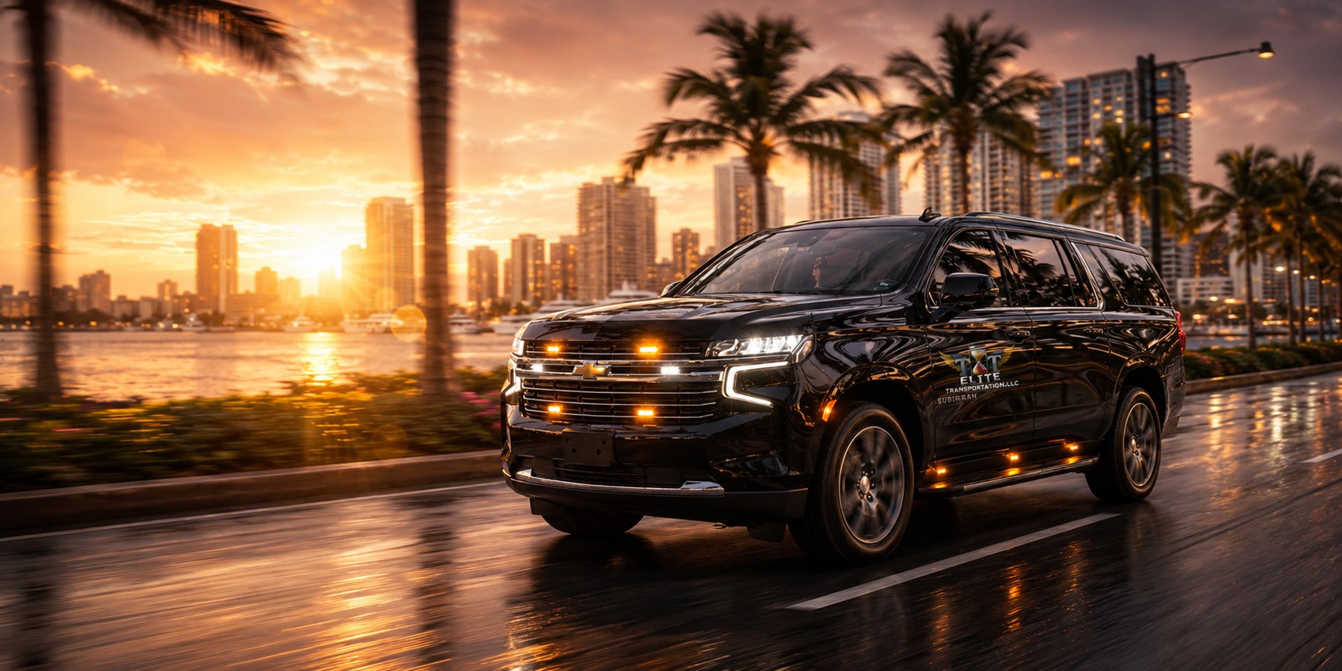 luxury jet and black chevy Suburban on tarmac airport Palm Beach setting palm trees ocean