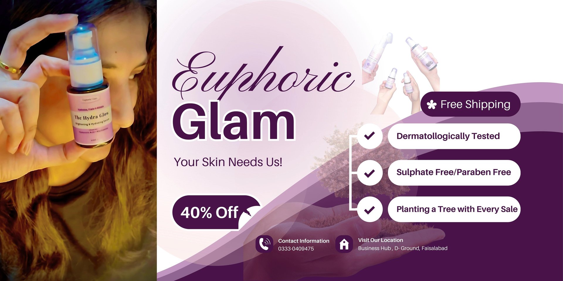A desktop banner ad for The Hydra Glow serum by Euphoric Glam, showing the product bottle and highlighting key benefits.