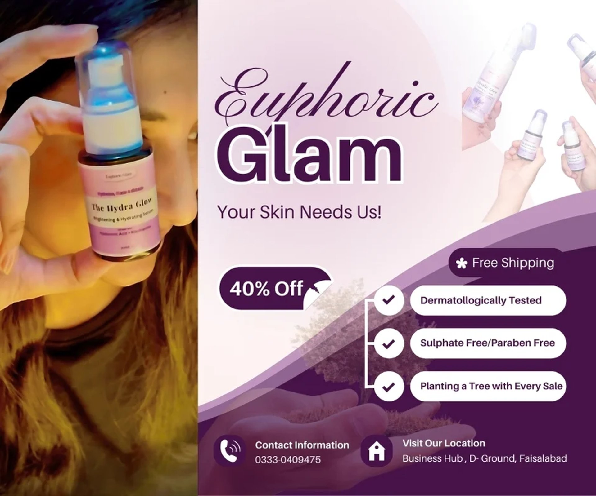 A mobile banner ad for The Hydra Glow serum by Euphoric Glam, showing the product bottle and highlighting key benefits.