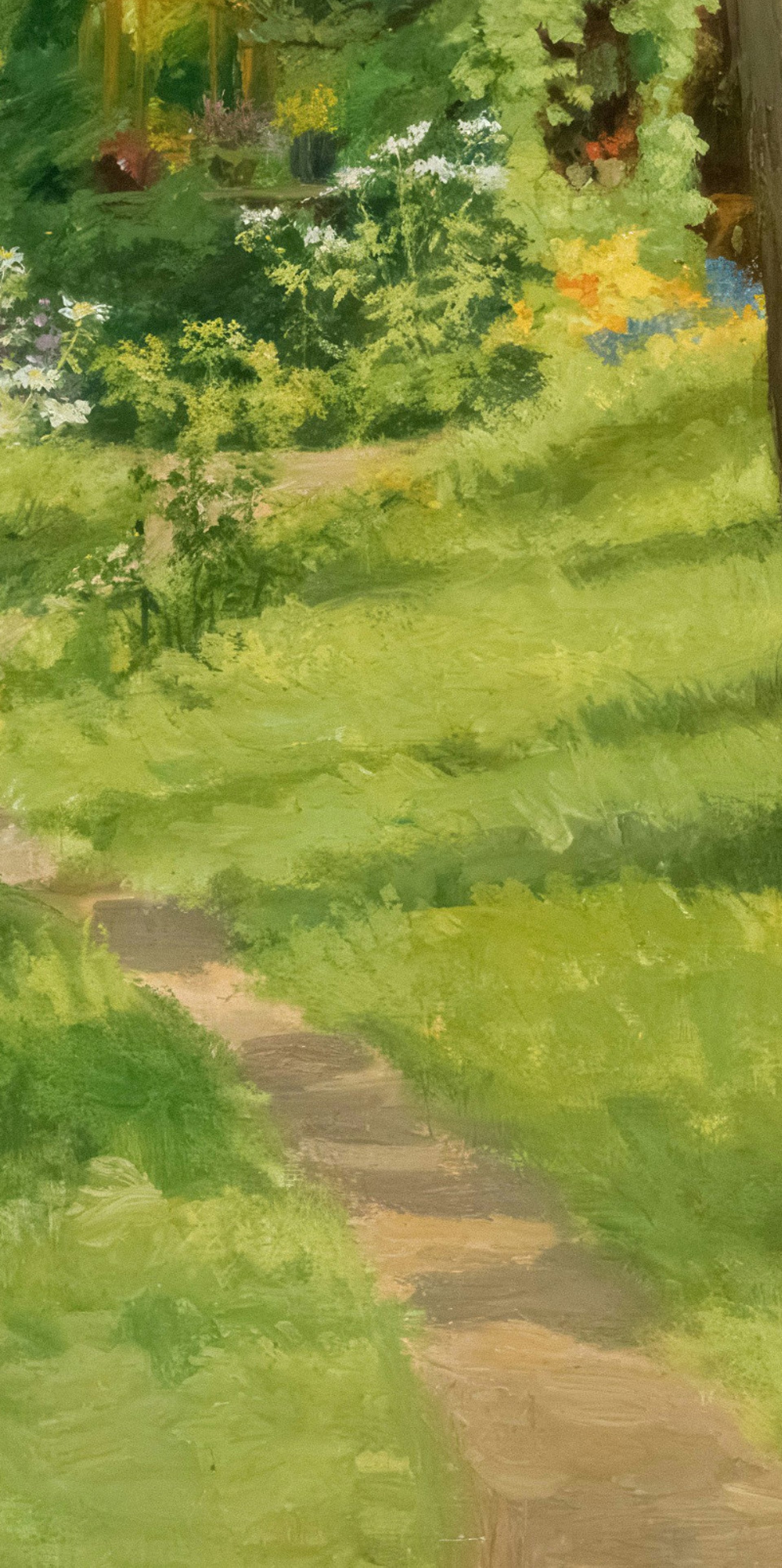 A winding path leads to a cottage surrounded by trees.