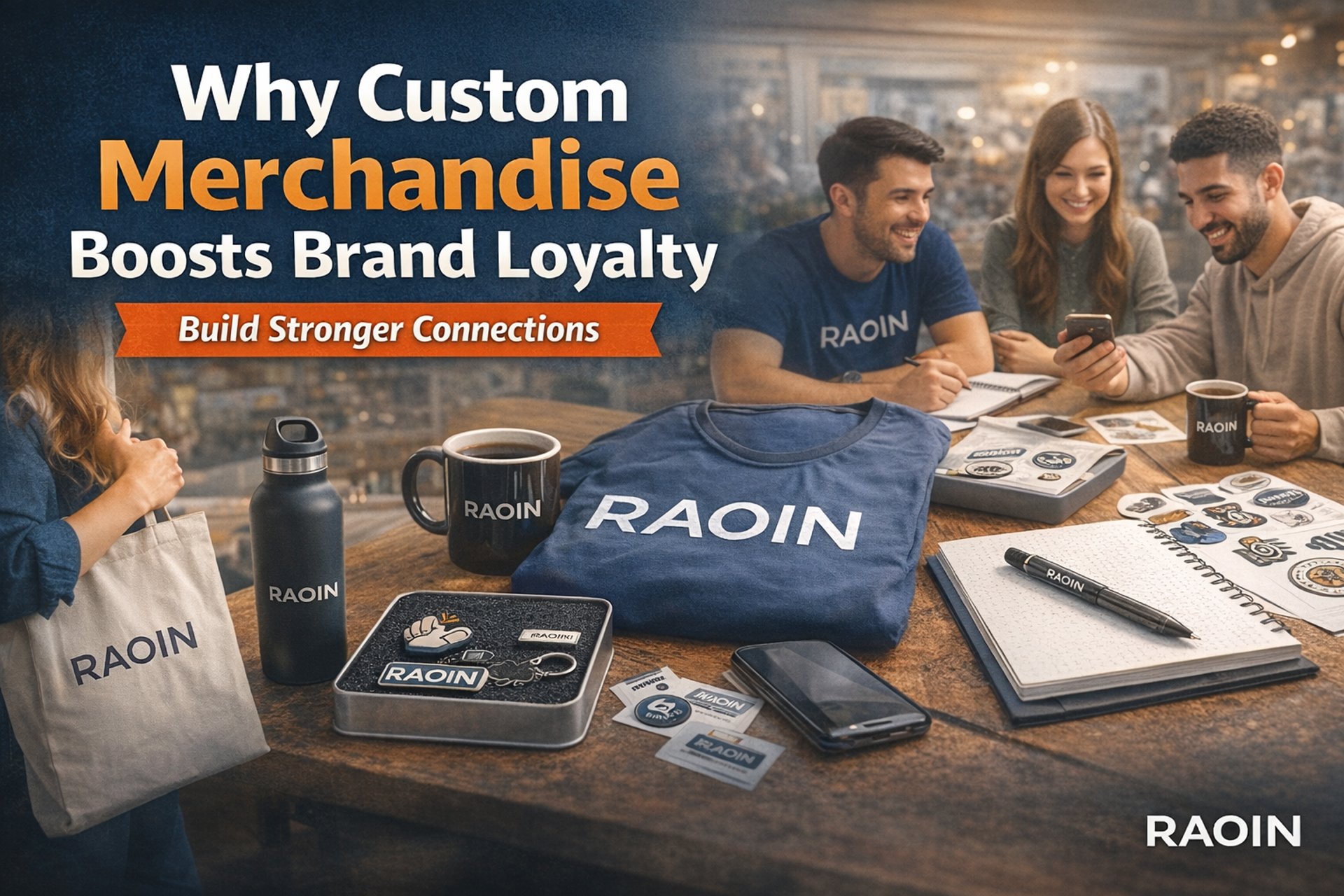 Custom branded merchandise including T-shirts, tote bags, mugs, water bottles, and enamel pins promoting brand loyalty
