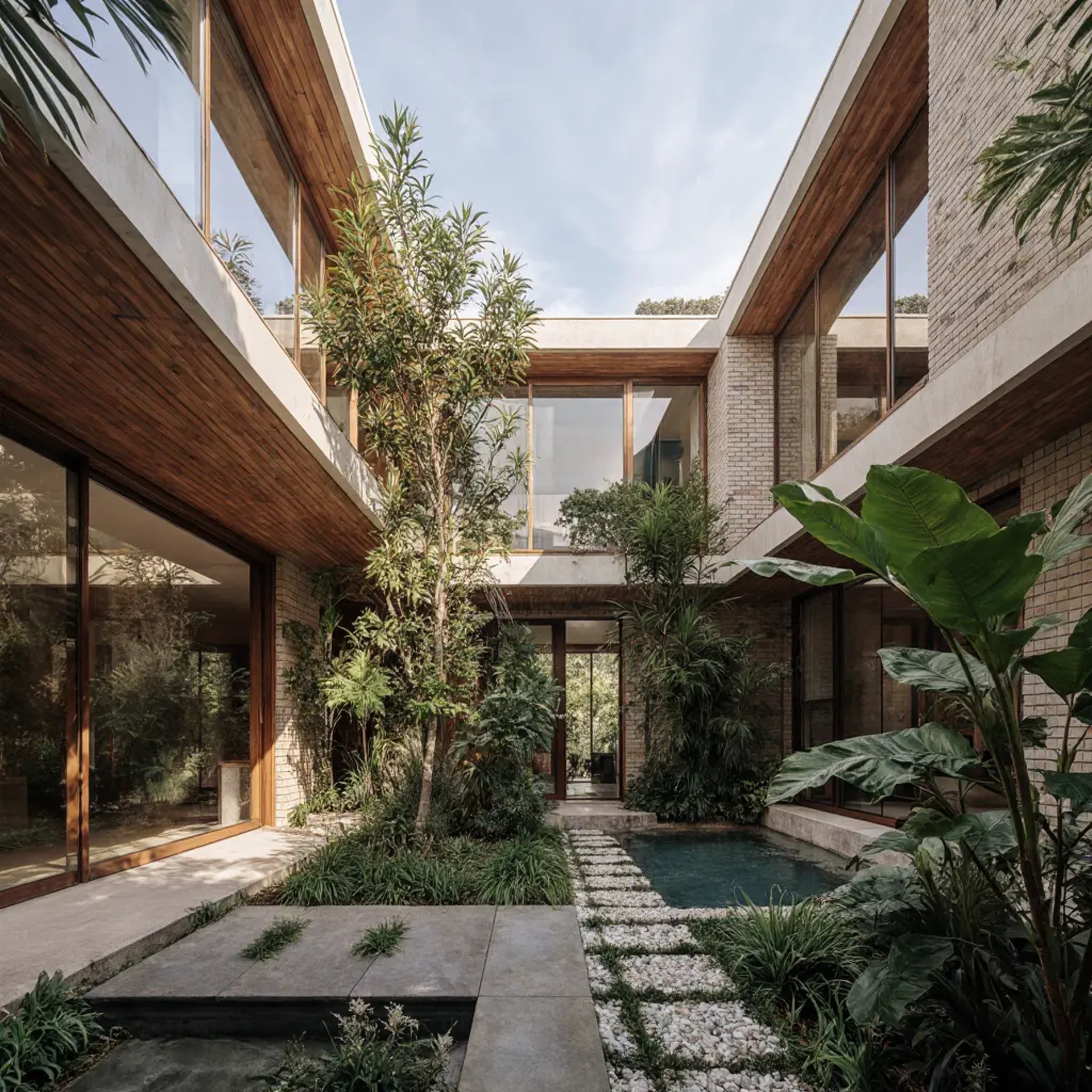 an abstract photo of a curved building with a blue sky in the background