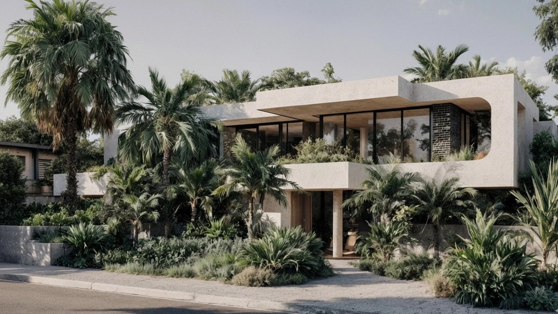 an abstract photo of a curved building with a blue sky in the background