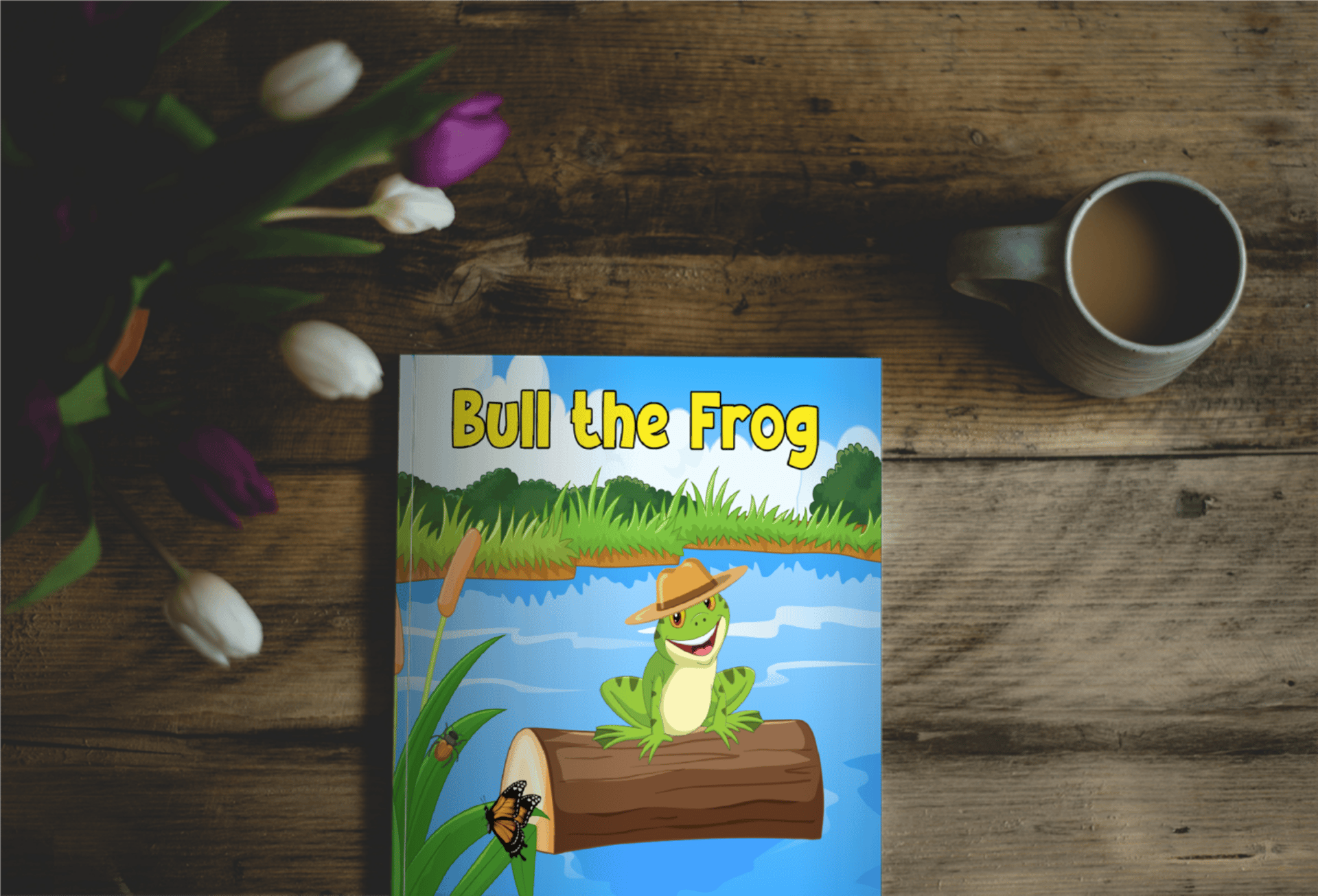 Colourful cover of a children's book lying on a wooden table