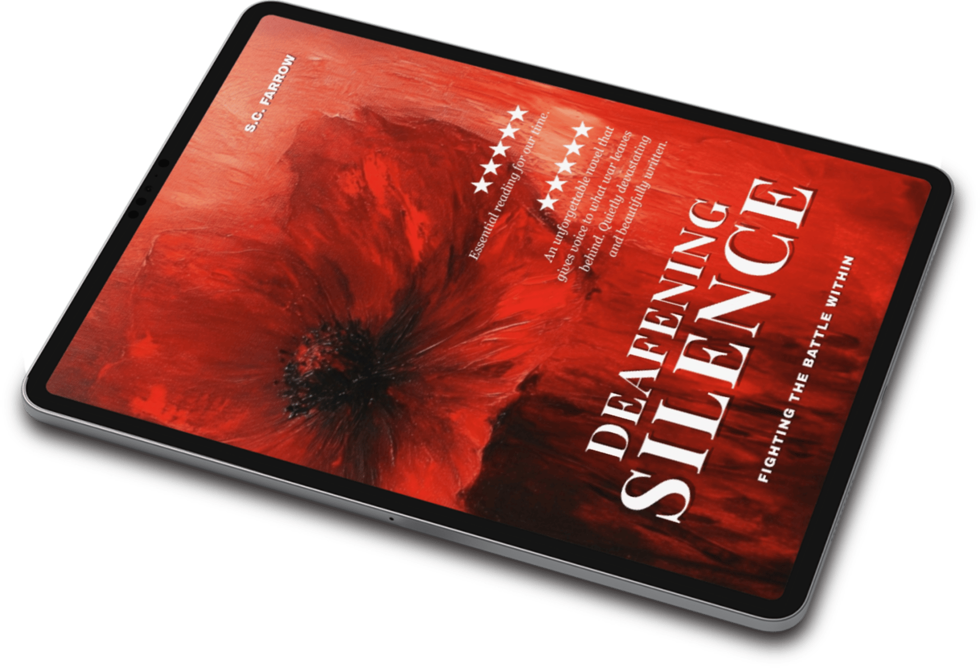 A tablet displaying the red cover of a book 