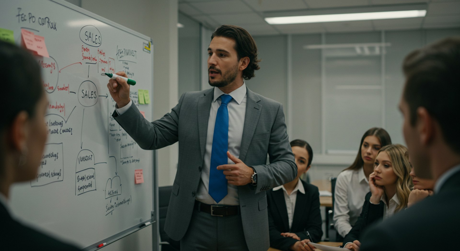 woman placing sticky notes on wall