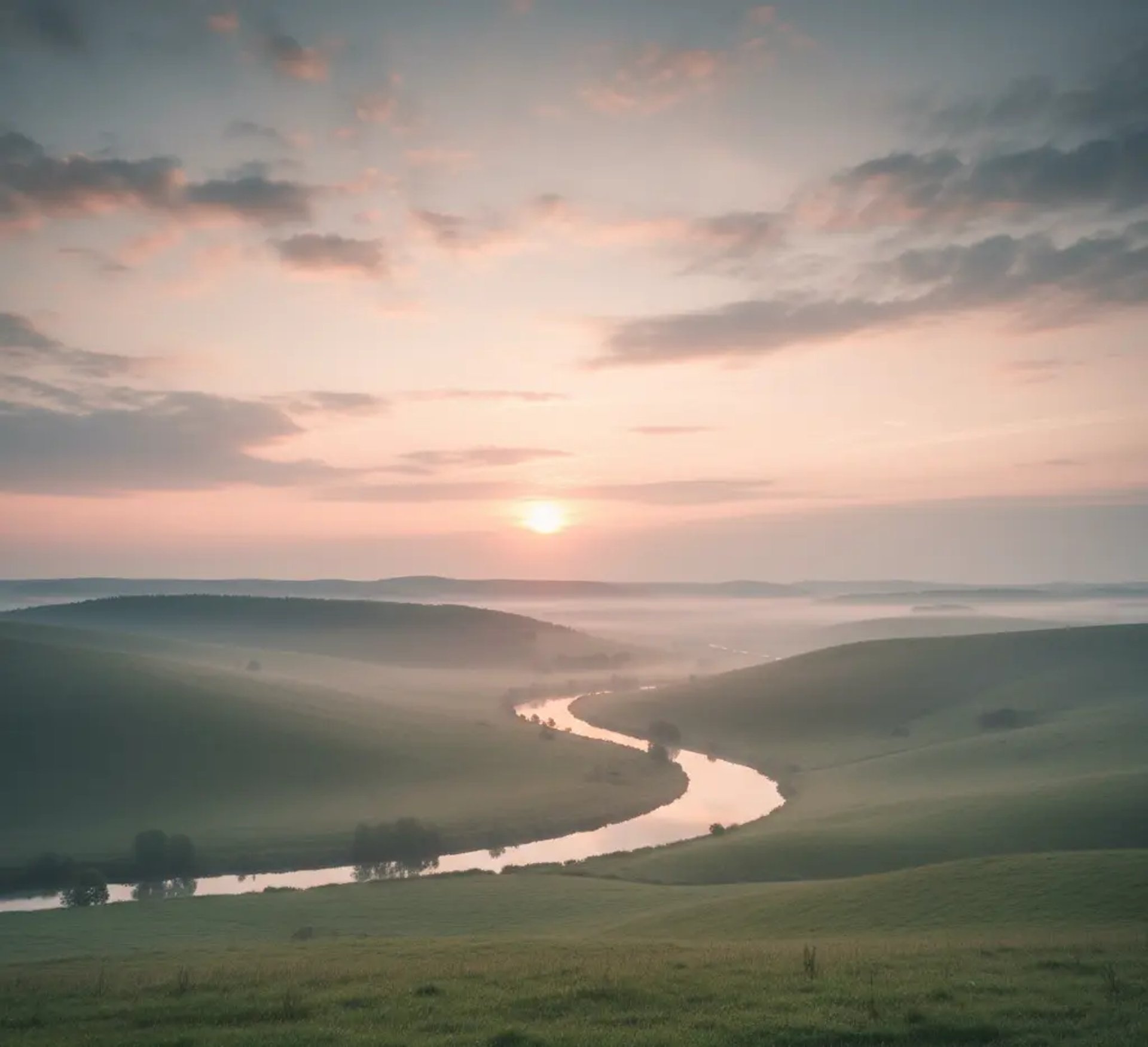 Sunrise over rolling green hills with a winding river reflecting the soft morning light.