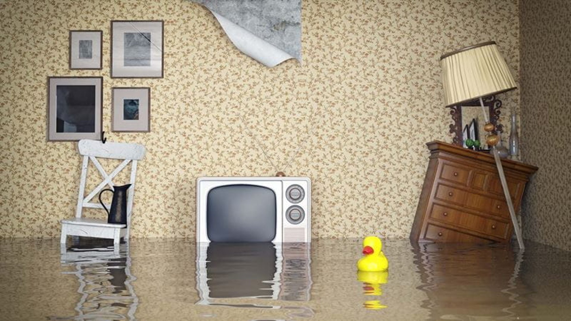 Flooded living room with water-damaged furniture, demonstrating the need for independent insurance loss assessments.