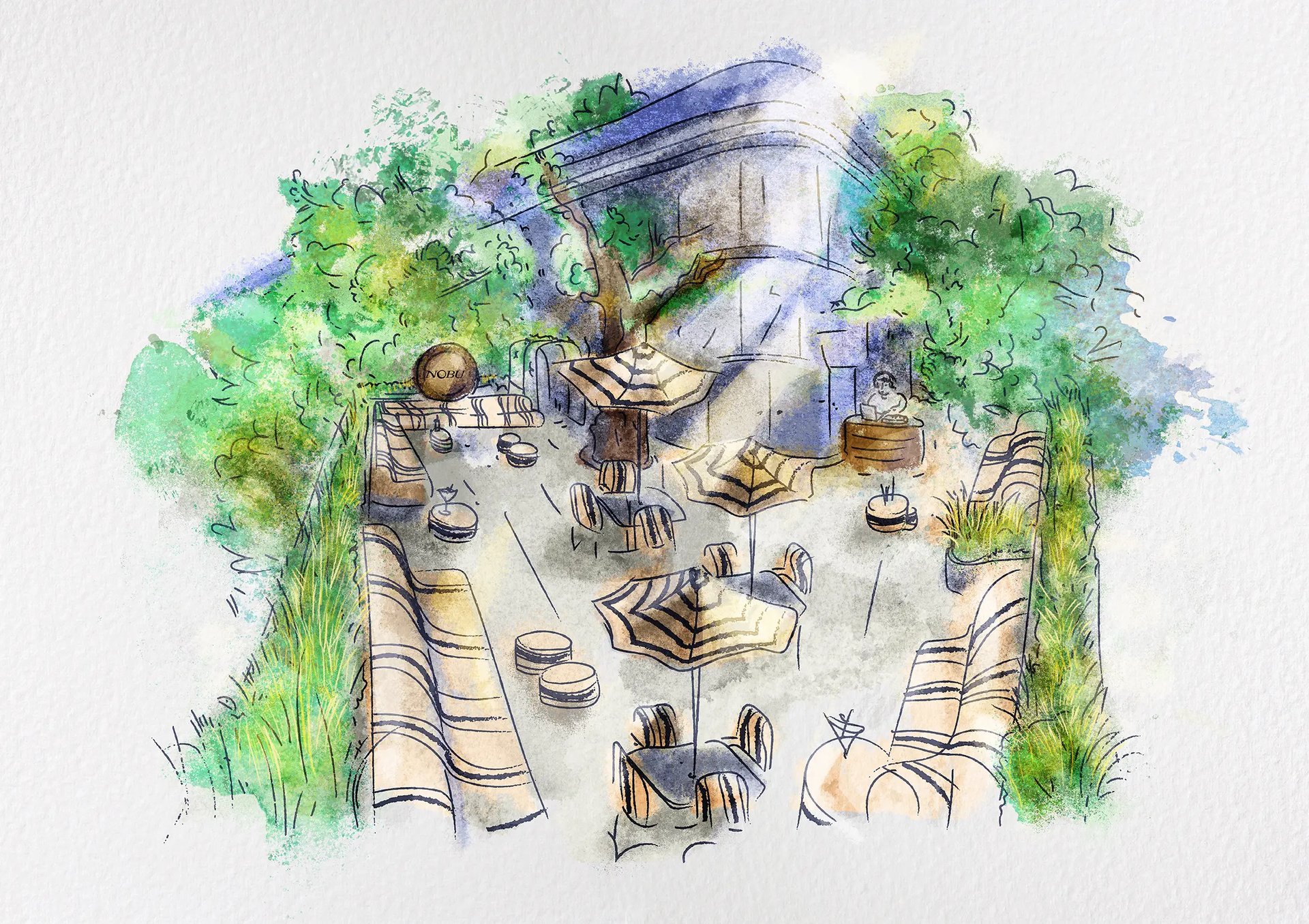 Ilustración acuarela con colores vivos de Terraza de NOBU LONDON, ilustración personalizada para inauguración y branding