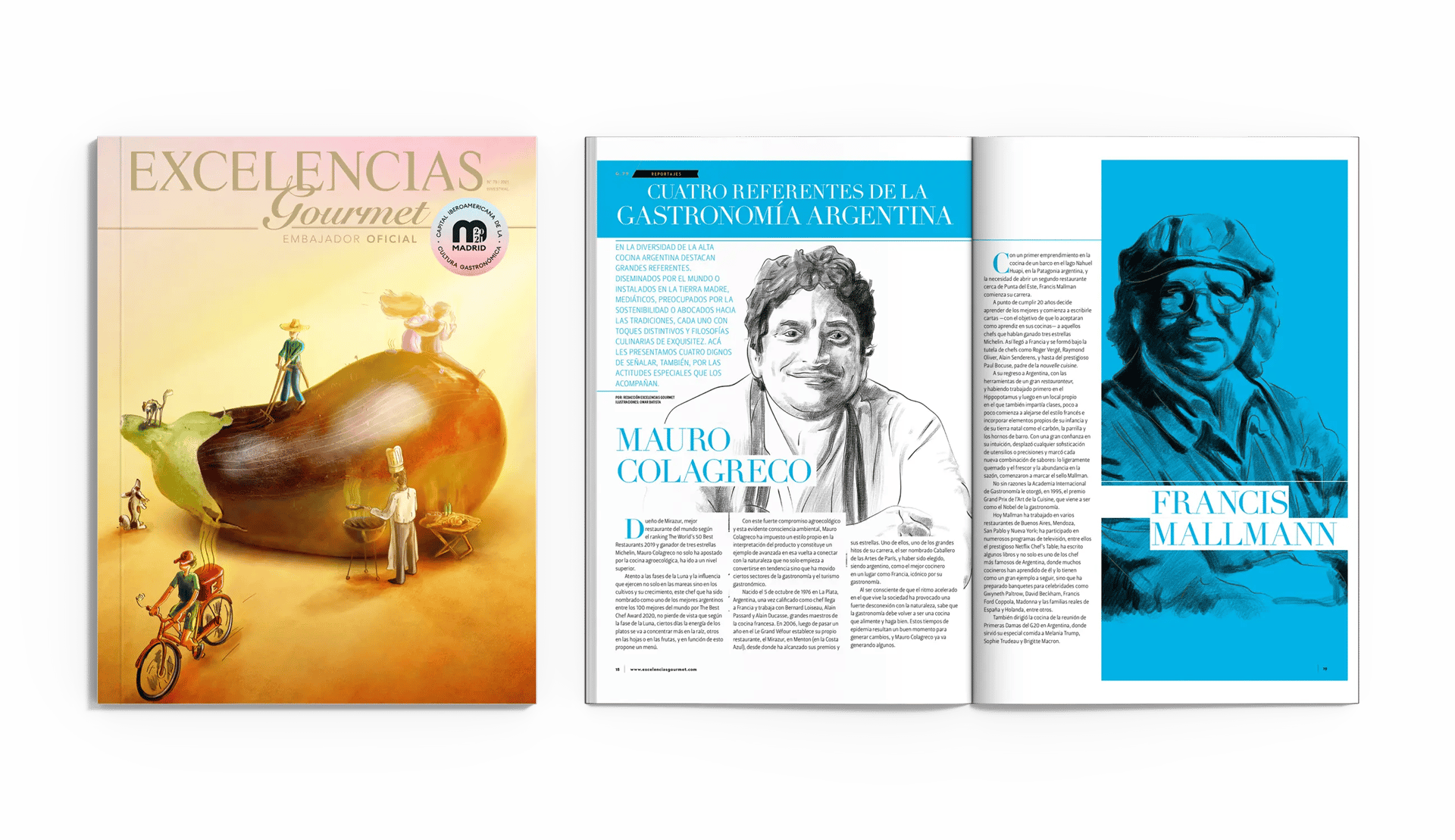 Ilustración editorial para portada de Revista Excelencias Gourmet. Arte y creatividad. Personajes ilustrados