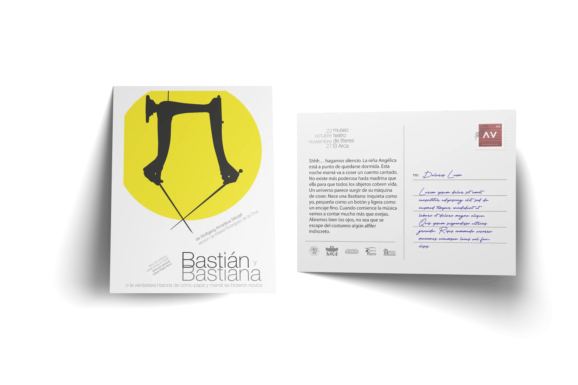 Diseño de imagen para Bastián y Bastiana de Teatro de títeres El Arca. Postal y programa de mano