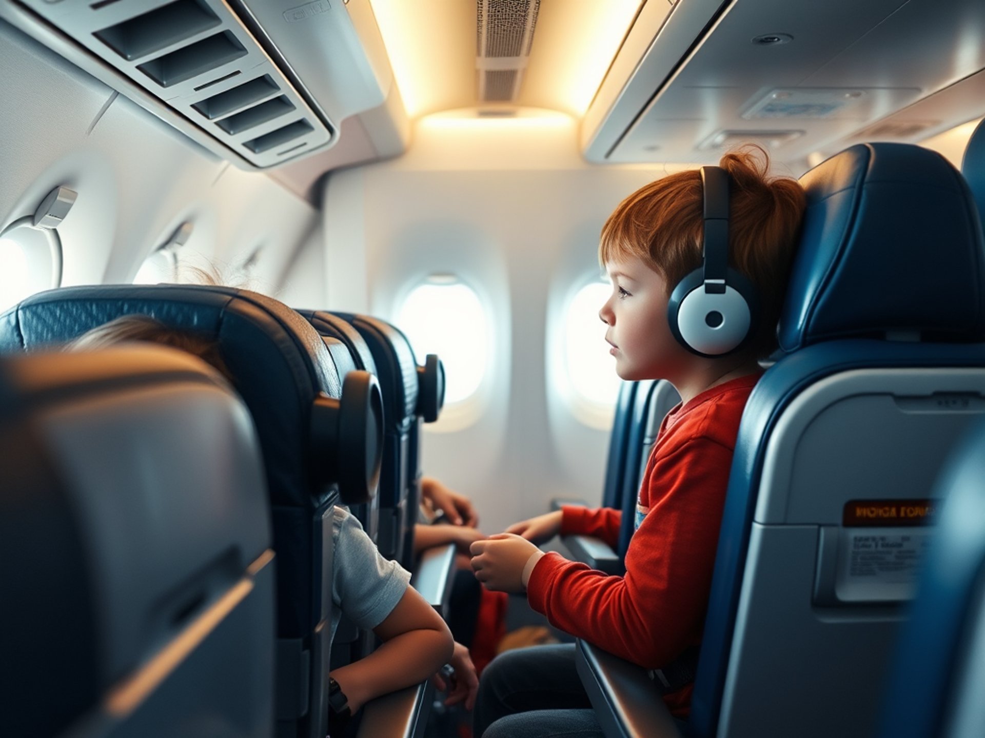 Child in an airplane cabin with headphones, symbolizing modern air travel and quality airline tickets.