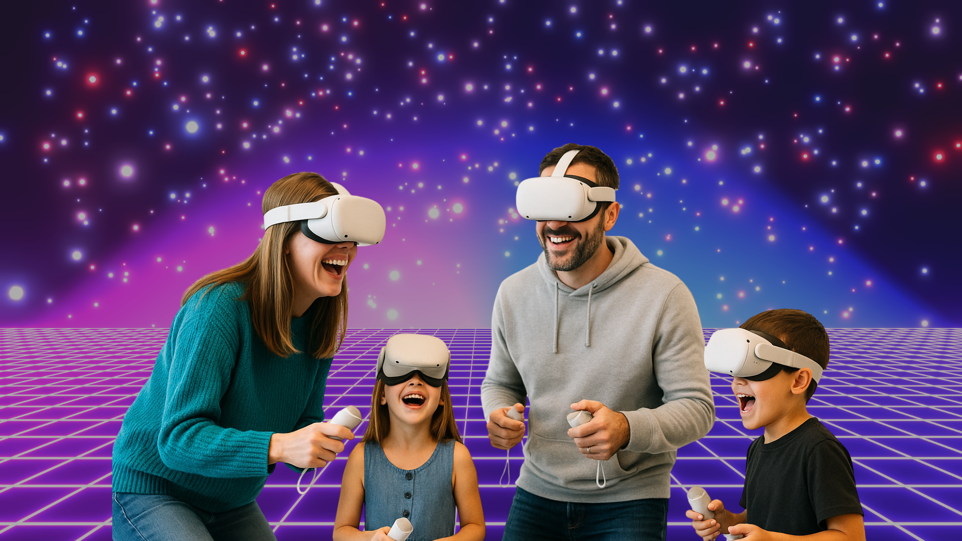 Familia jugando con realidad virtual