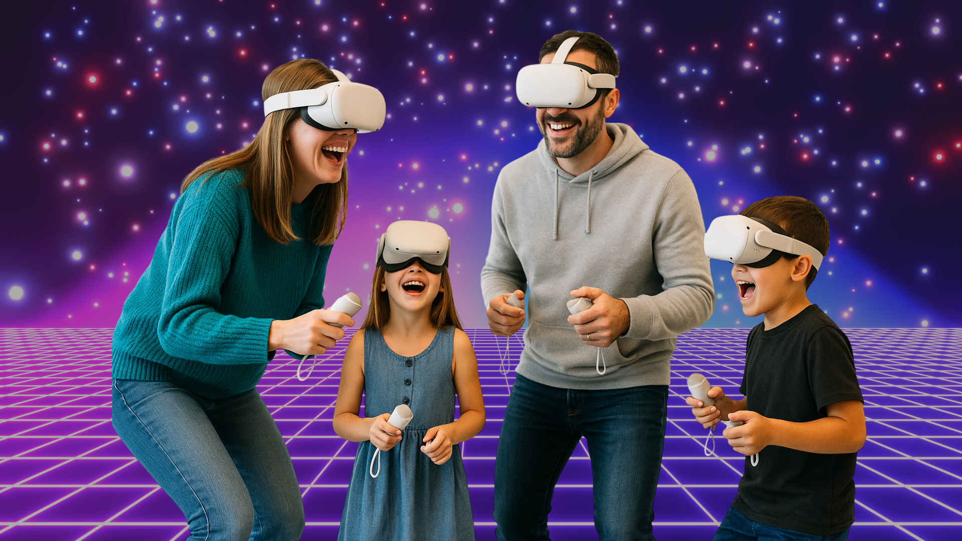 familia jugando con realidad virtual
