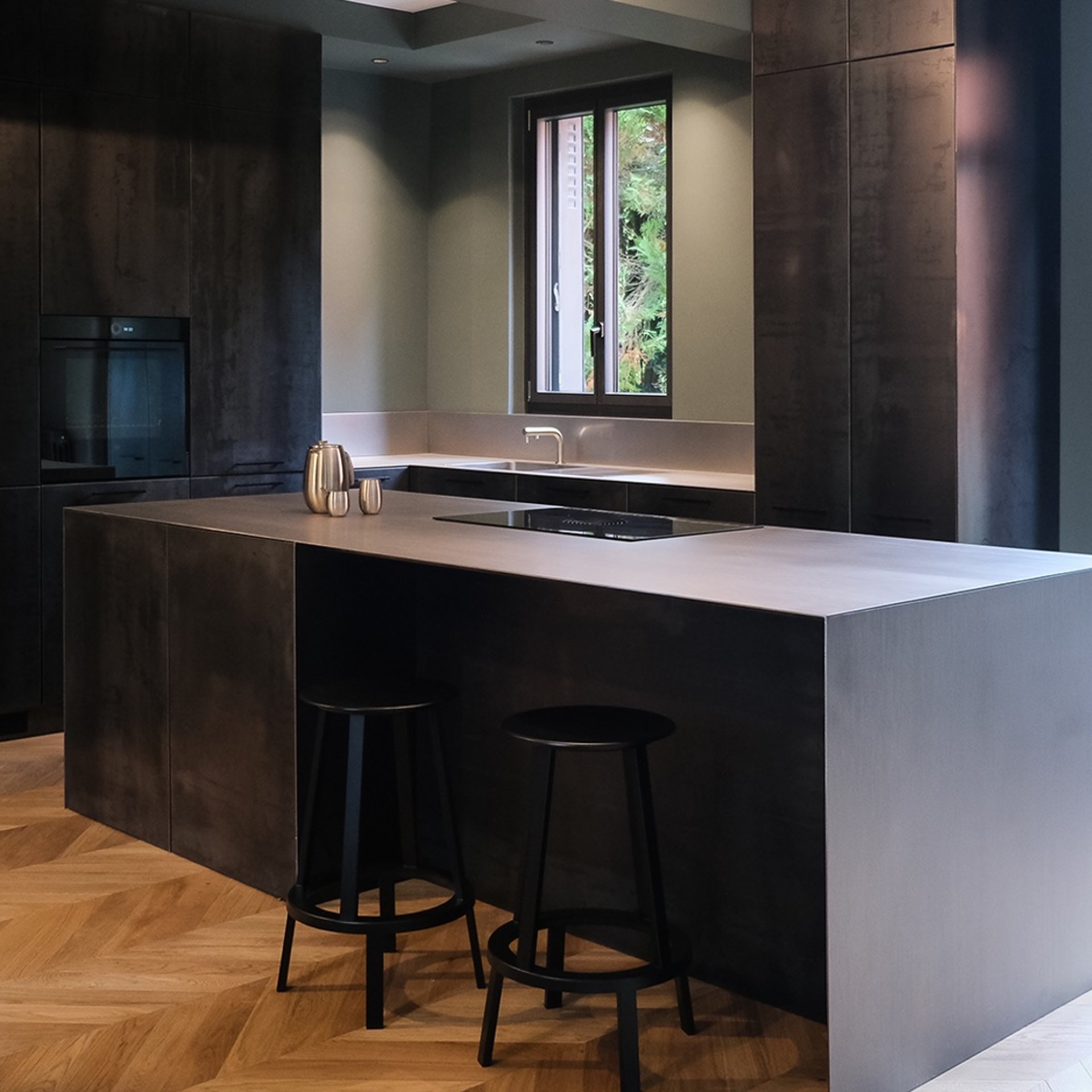 black and brown leather padded tub sofa