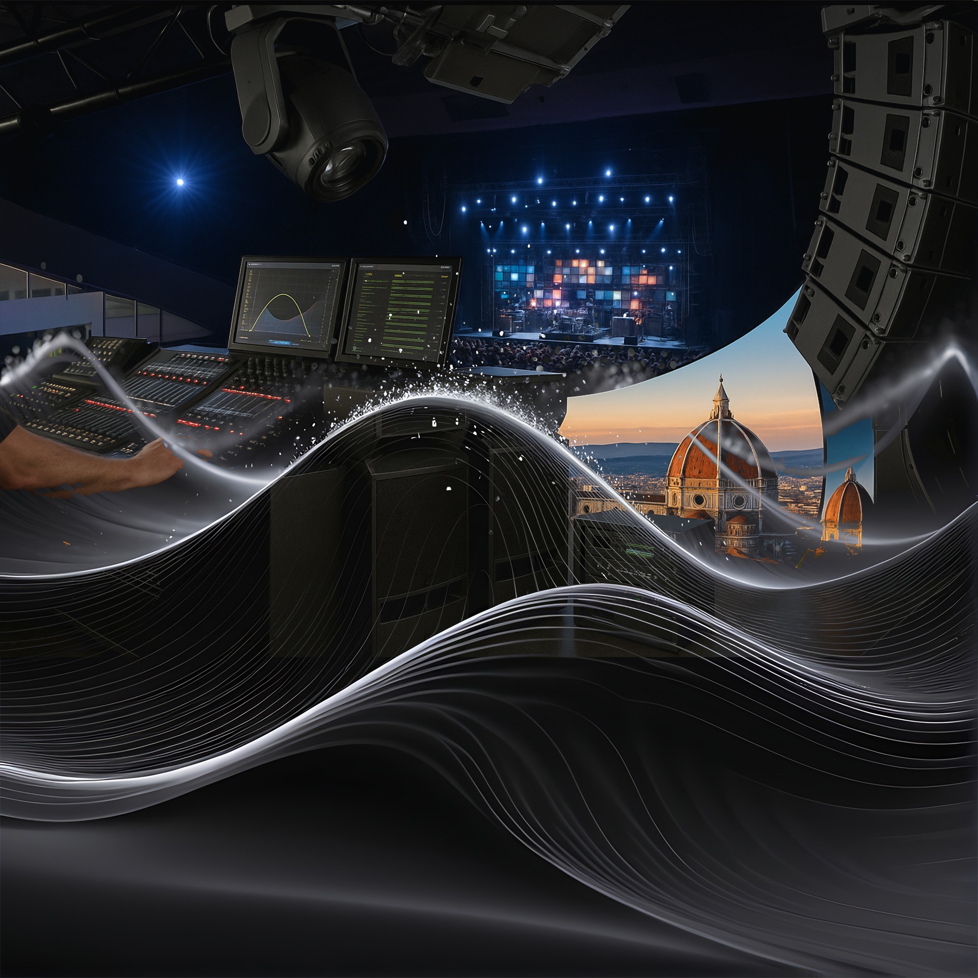 an abstract photo of a curved building with a blue sky in the background