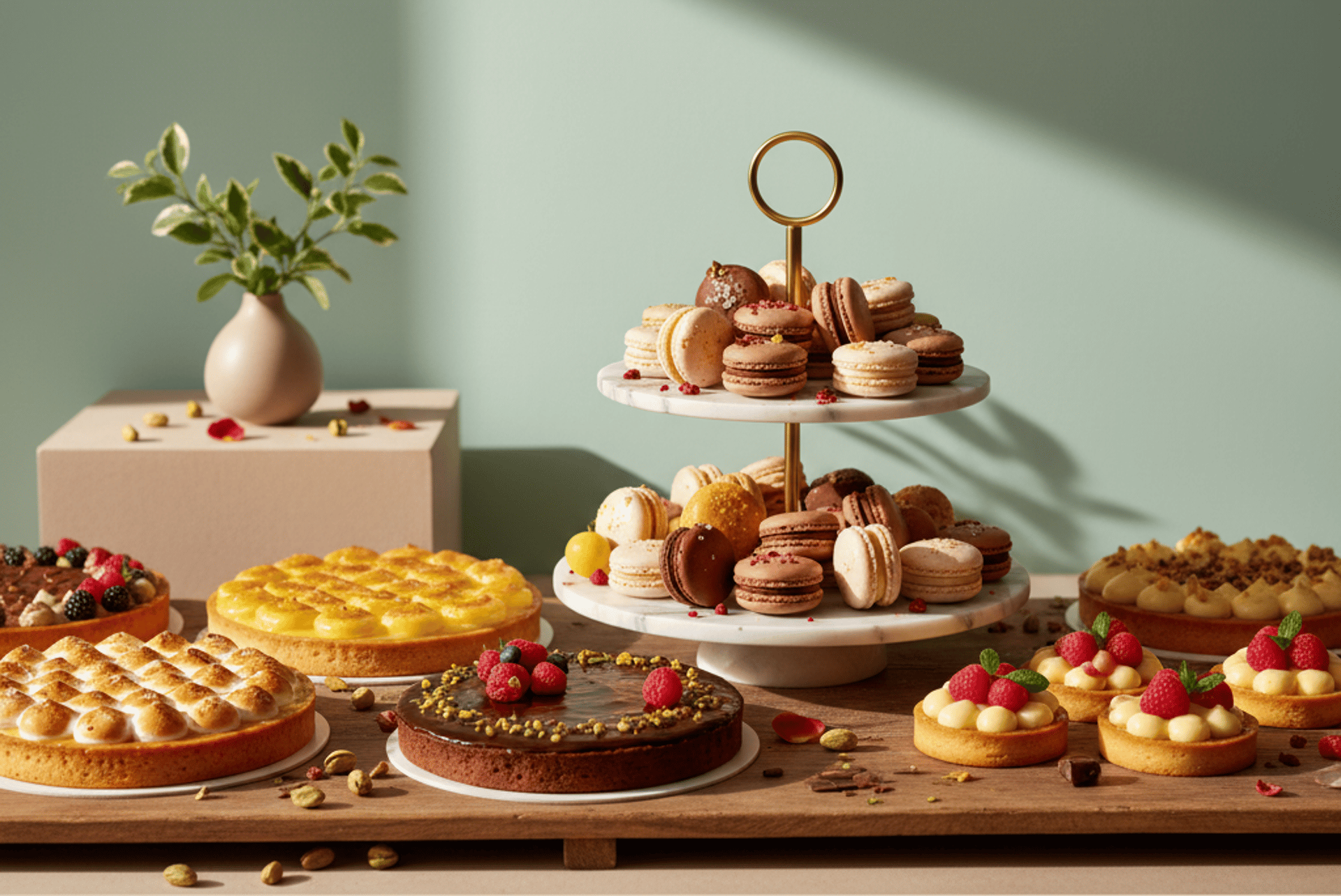 a plate of colorful macaroons on a blue surface