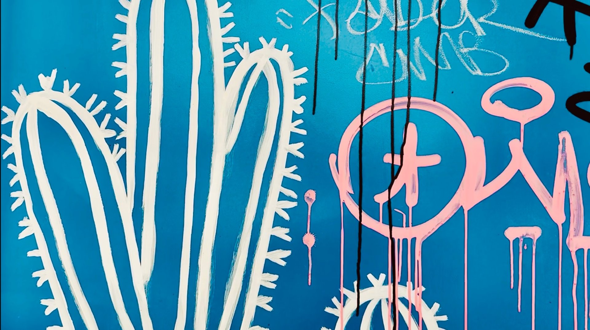 green, pink, and white abstract painting with brush strokes